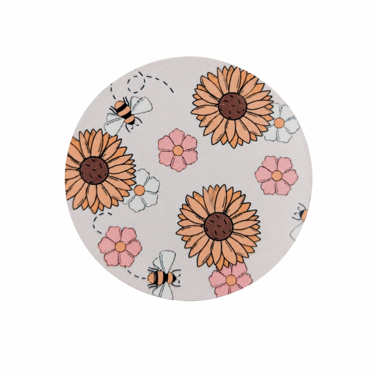 Sunflower and bee hard board add-on featuring golden sunflowers, pastel flowers, and buzzing bees, compatible with interchangeable badge reel bases.