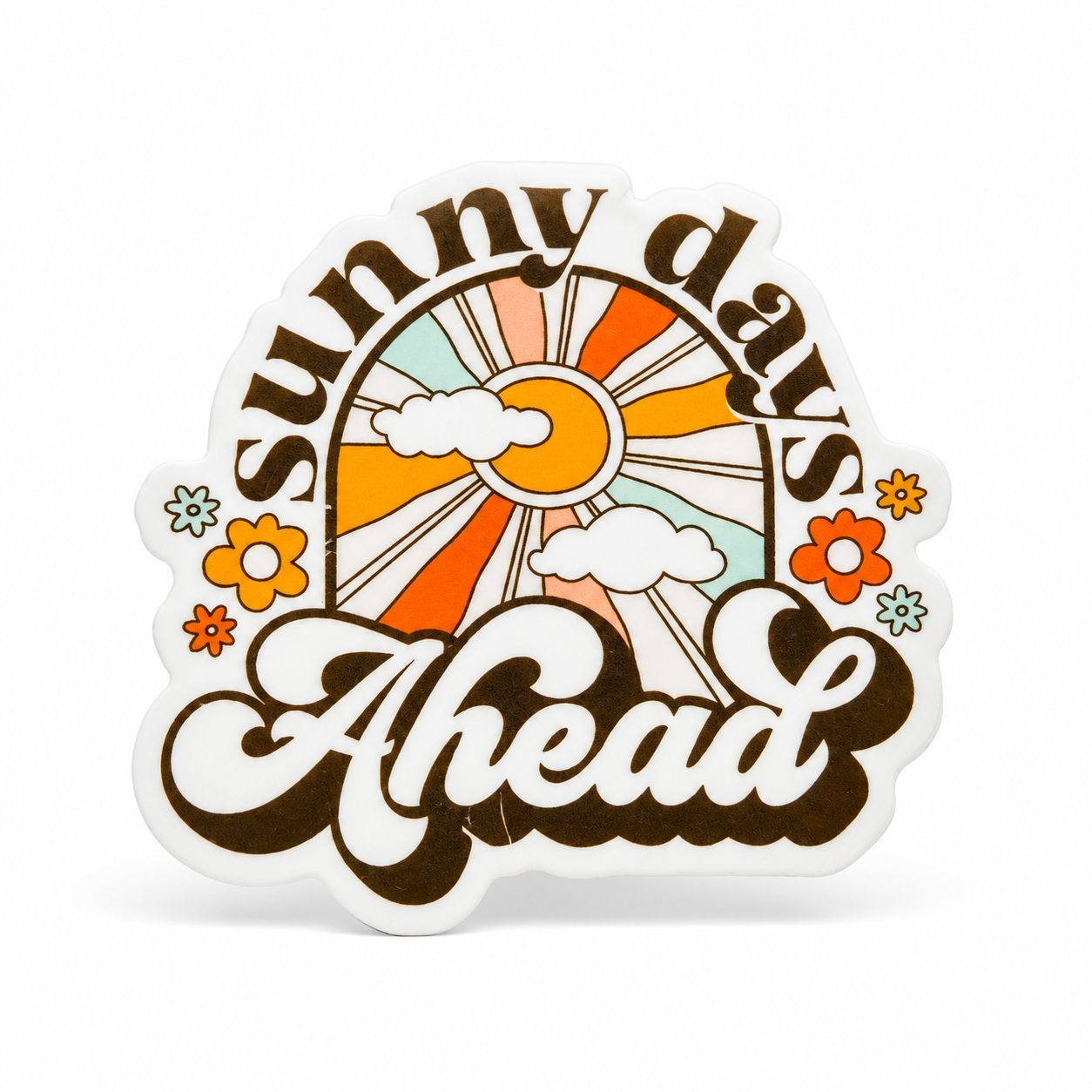 Sunny Days Ahead plastic add-on with retro sun, clouds, and flowers, compatible with interchangeable badge reel bases for an inspirational accessory.