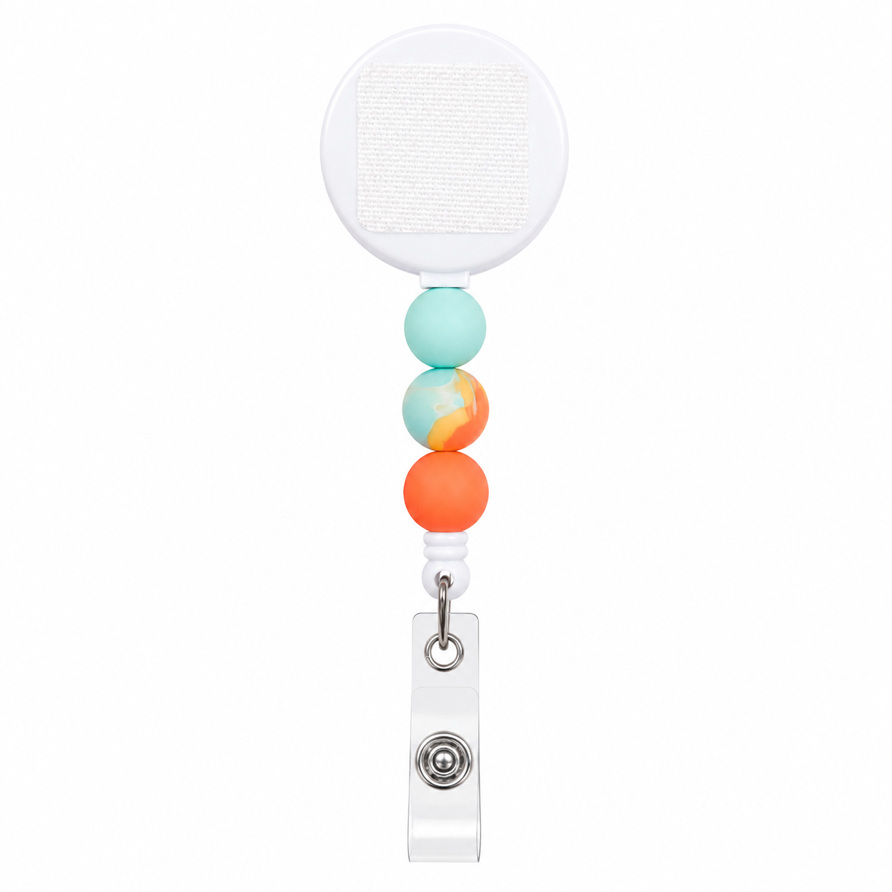 Sunset Splash interchangeable beaded badge reel with aqua, sunset swirl, and coral silicone beads, retractable badge reel for nurses, teachers, and everyday work.