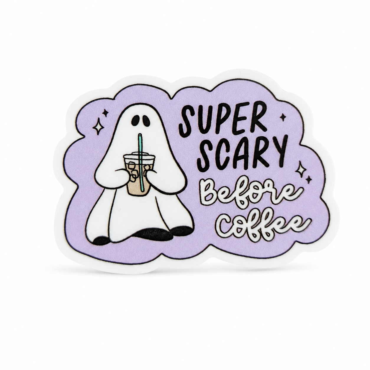 SUPER SCARY Before Coffee plastic add-on with a cute white ghost holding iced coffee, compatible with interchangeable badge reel bases.