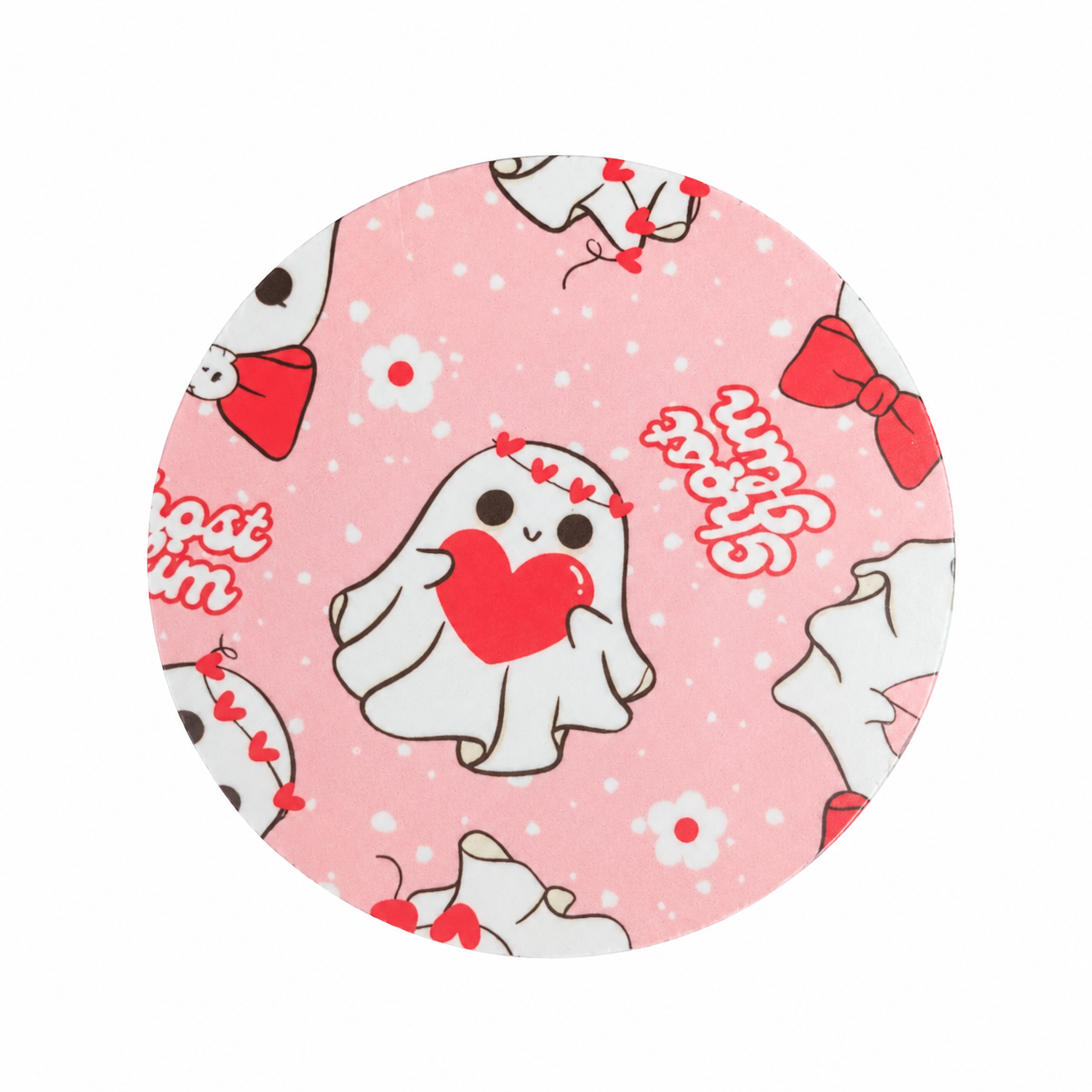 Sweet Ghost hard board add-on featuring cute ghosts holding hearts, bows and daisies, compatible with interchangeable badge reel bases.