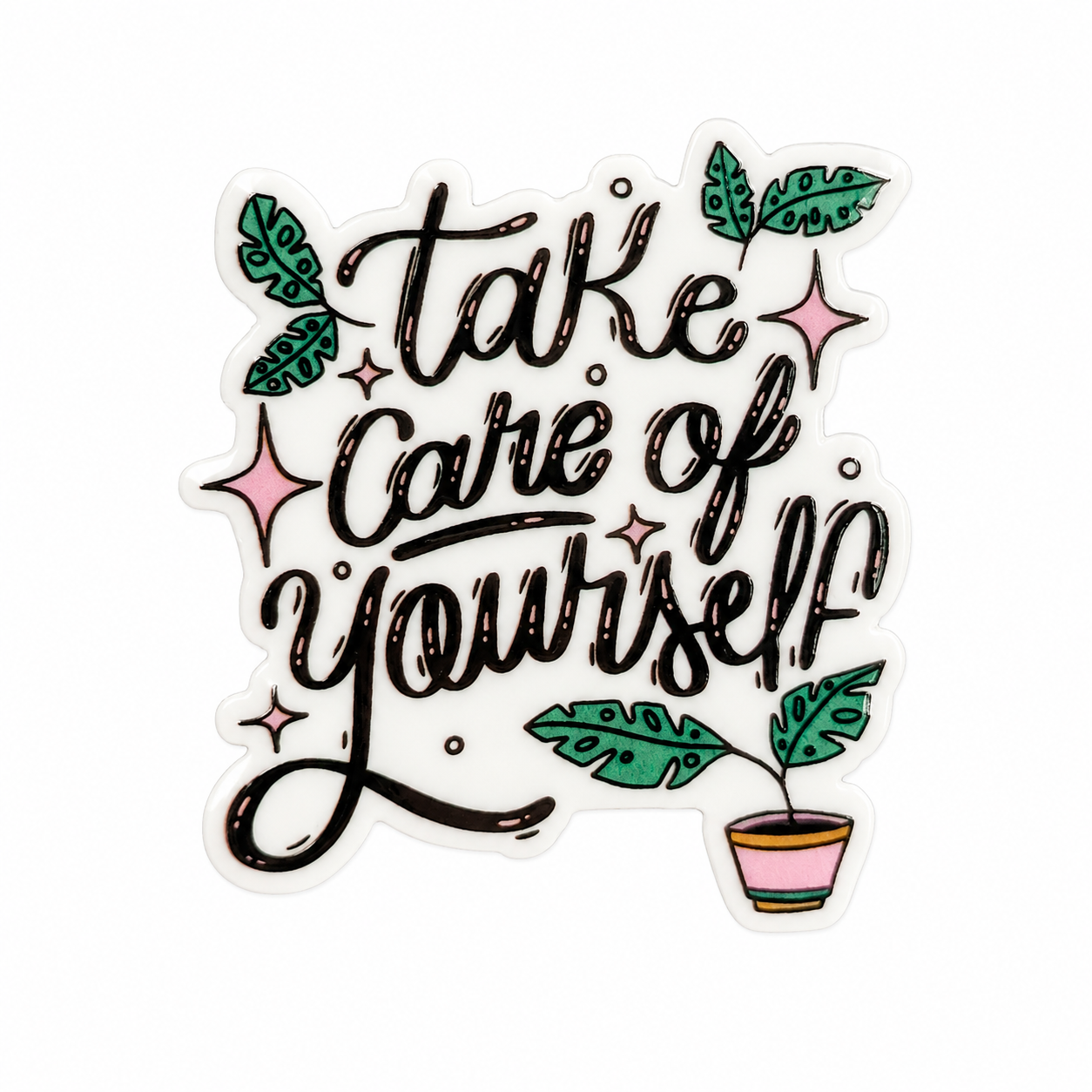 Take Care Of Yourself plastic add-on with hand-lettered text, leafy accents, pink stars, and potted plant, compatible with interchangeable badge reel bases.