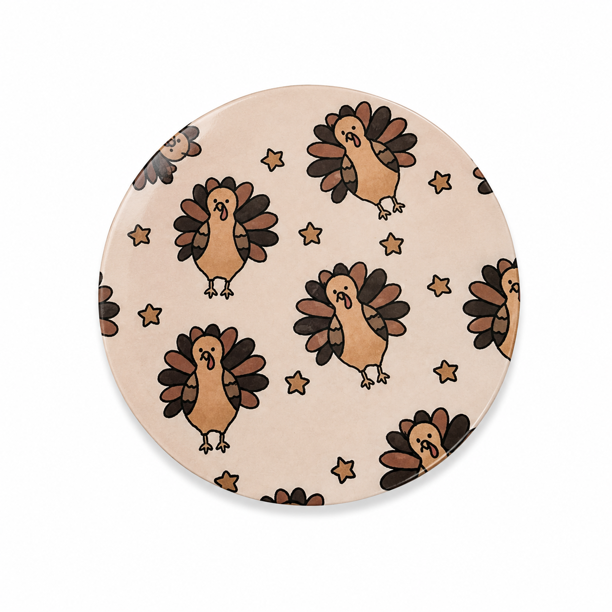 Thanksgiving Turkeys hard board add-on featuring cute brown cartoon turkeys and scattered stars on a cream background, compatible with interchangeable badge reel bases.