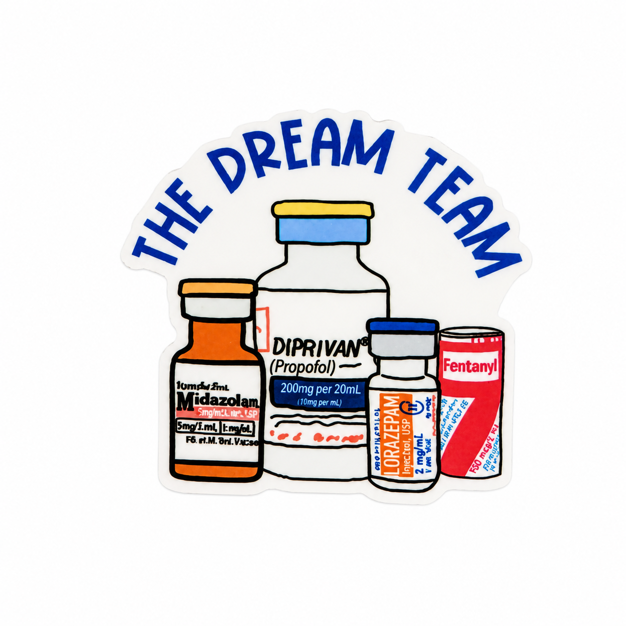 The Dream Team plastic add-on with anesthesia medication bottle design, compatible with interchangeable badge reel bases as an anesthesia badge topper.