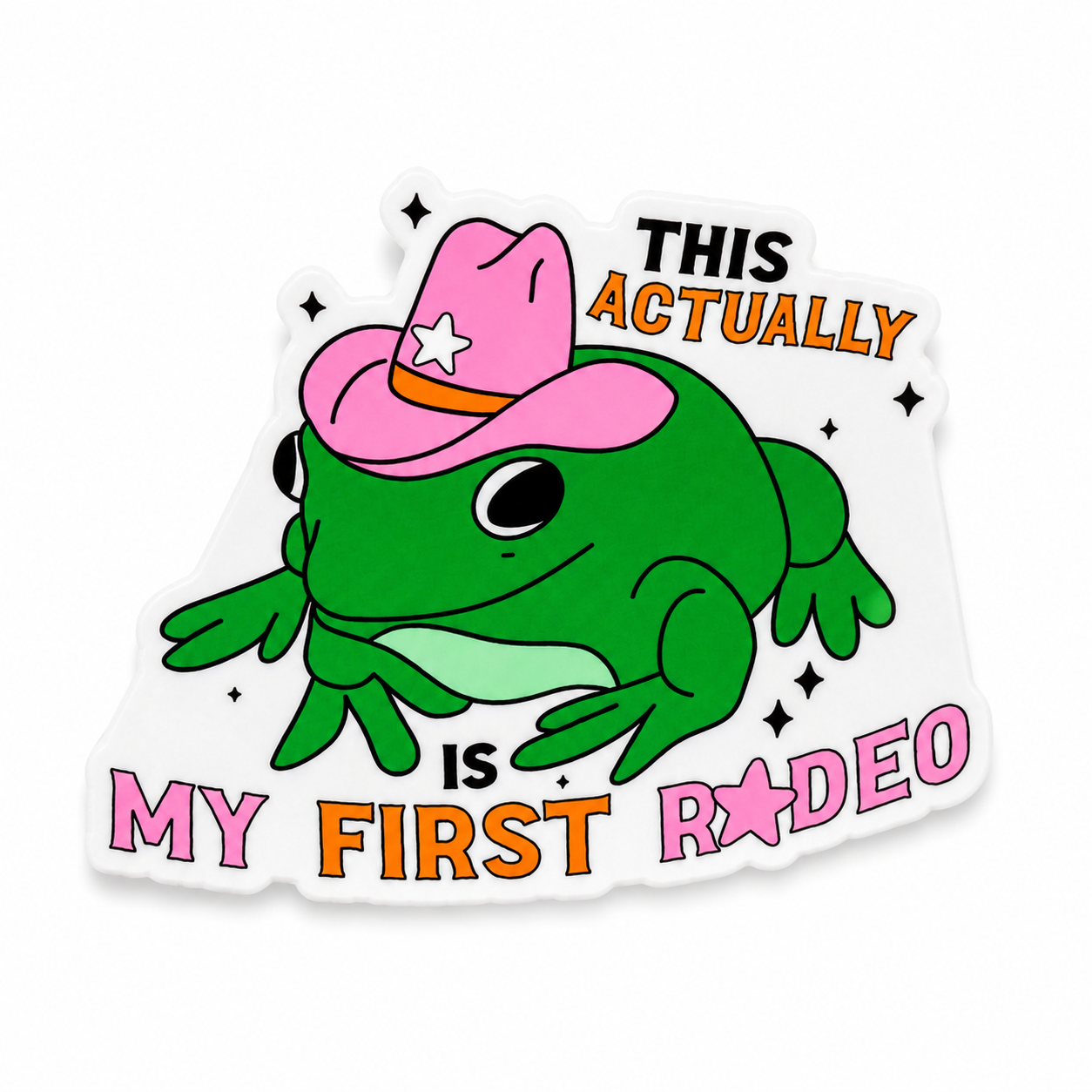 This Actually Is My First Rodeo frog plastic add-on featuring a green frog wearing a pink cowboy hat, compatible with interchangeable badge reel bases, funny western accessory