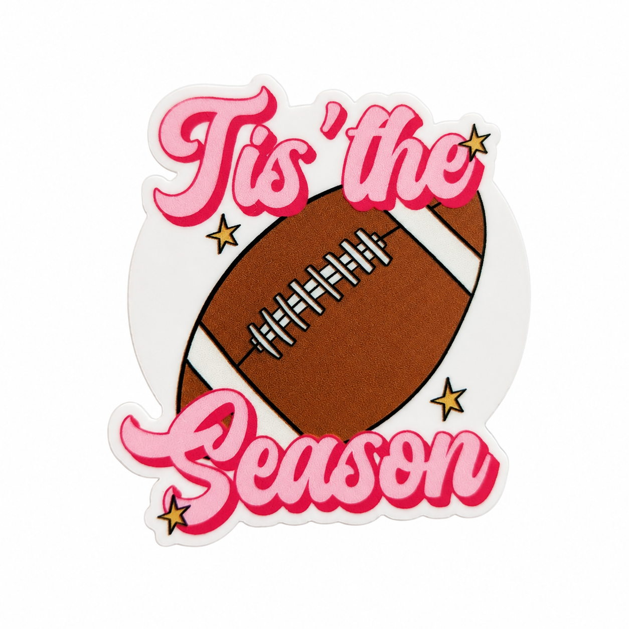 Tis 'the Season plastic add-on with football, pink lettering, and gold stars, compatible with interchangeable badge reel bases.