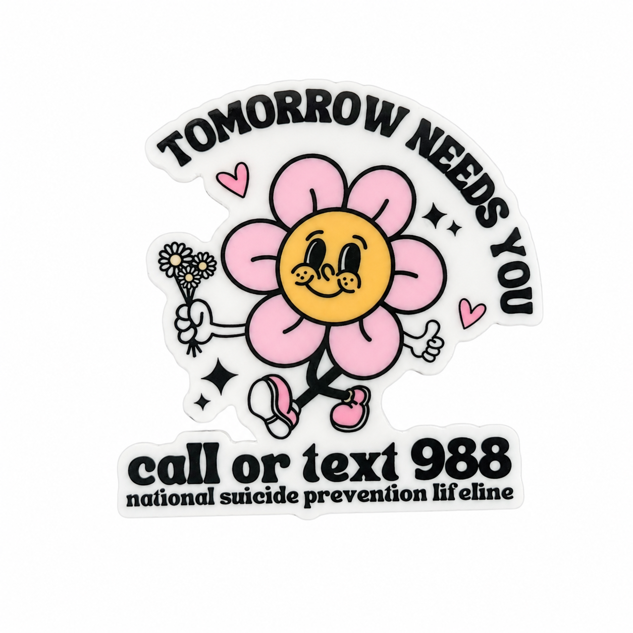 TOMORROW NEEDS YOU call or text 988 plastic add-on with flower and mental health awareness design, compatible with interchangeable badge reel bases.