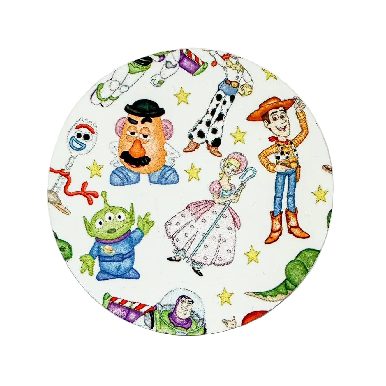 Classic toy friends hard board add-on featuring colorful cartoon characters and stars, compatible with interchangeable badge reel bases for nostalgic character fans.
