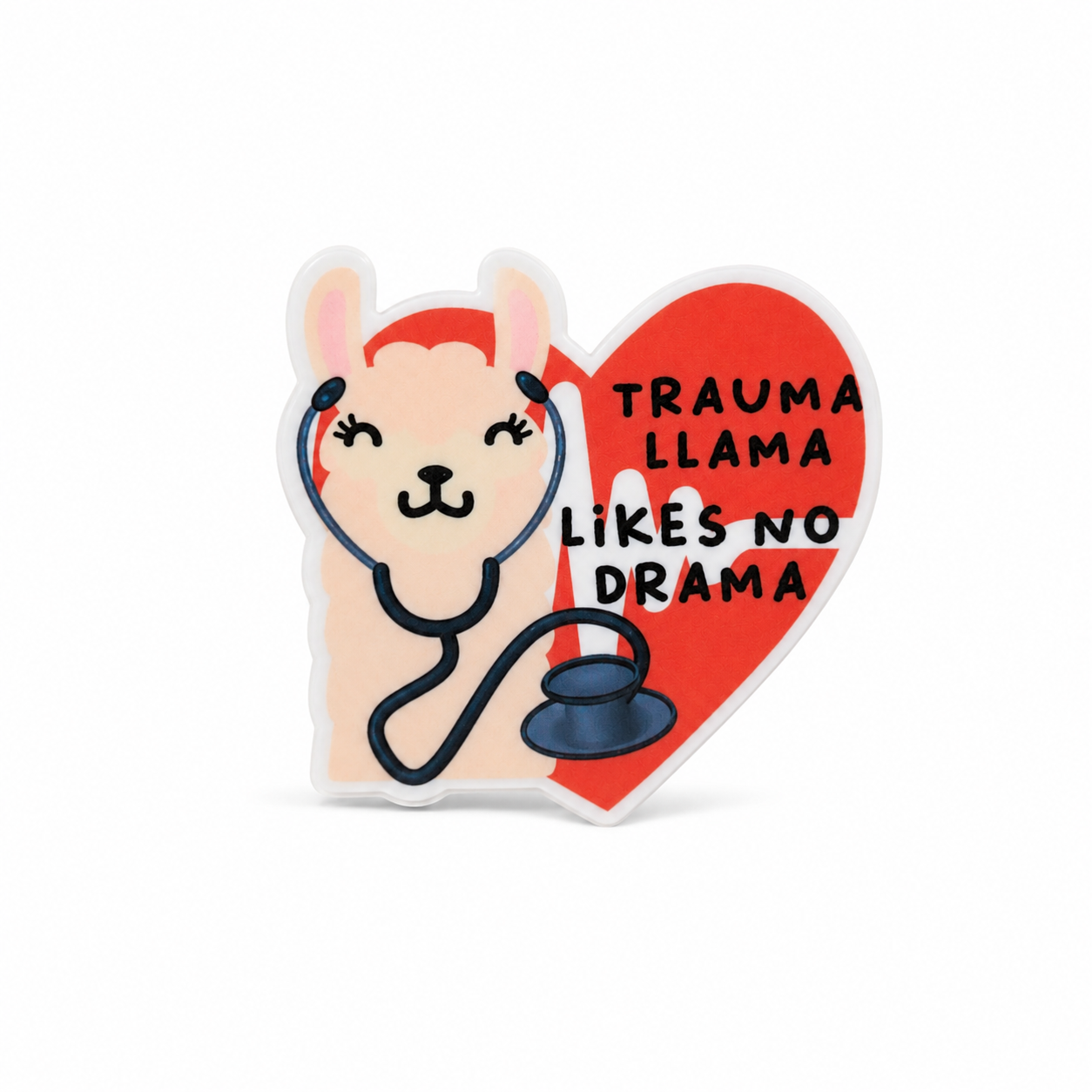 TRAUMA LLAMA LiKES NO DRAMA plastic add-on with llama, stethoscope, and heart design, compatible with interchangeable badge reel bases for a funny nurse accessory.