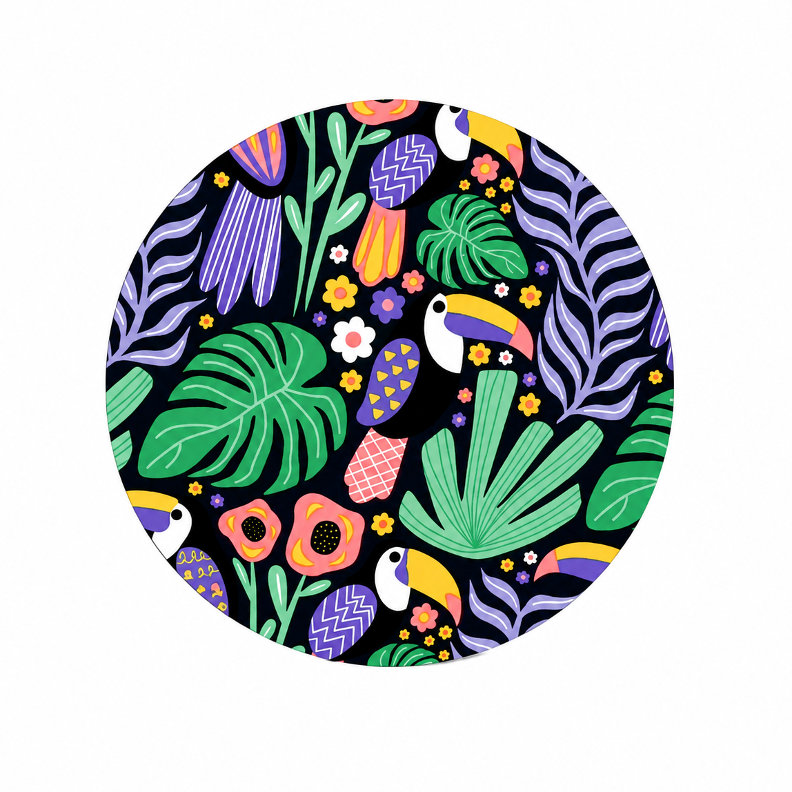 Tropical toucan hard board add-on with colorful birds, flowers, fruit and green jungle leaves, compatible with interchangeable badge reel bases for bird lovers.