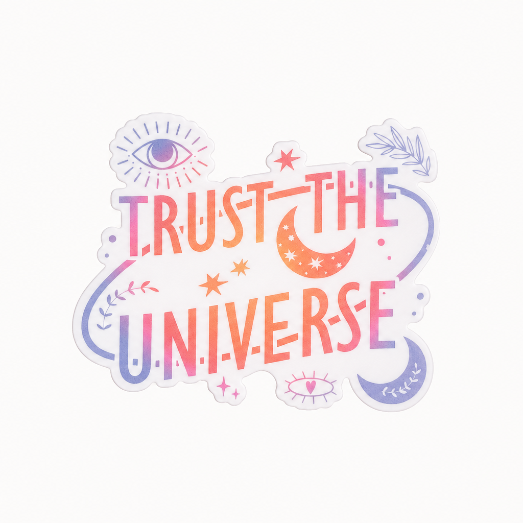 Trust The Universe plastic add-on with moon, stars, eyes, and pastel celestial design, compatible with interchangeable badge reel bases.