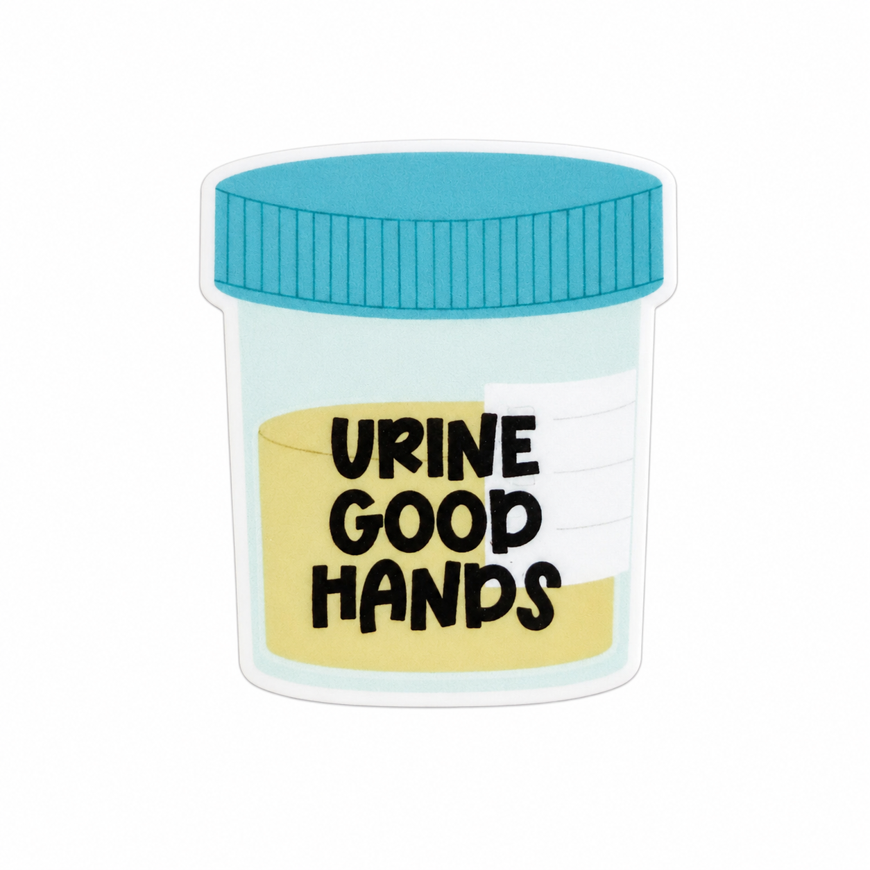URINE GOOD HANDS plastic add-on with urine specimen cup design, compatible with interchangeable badge reel bases for funny healthcare accessory use.