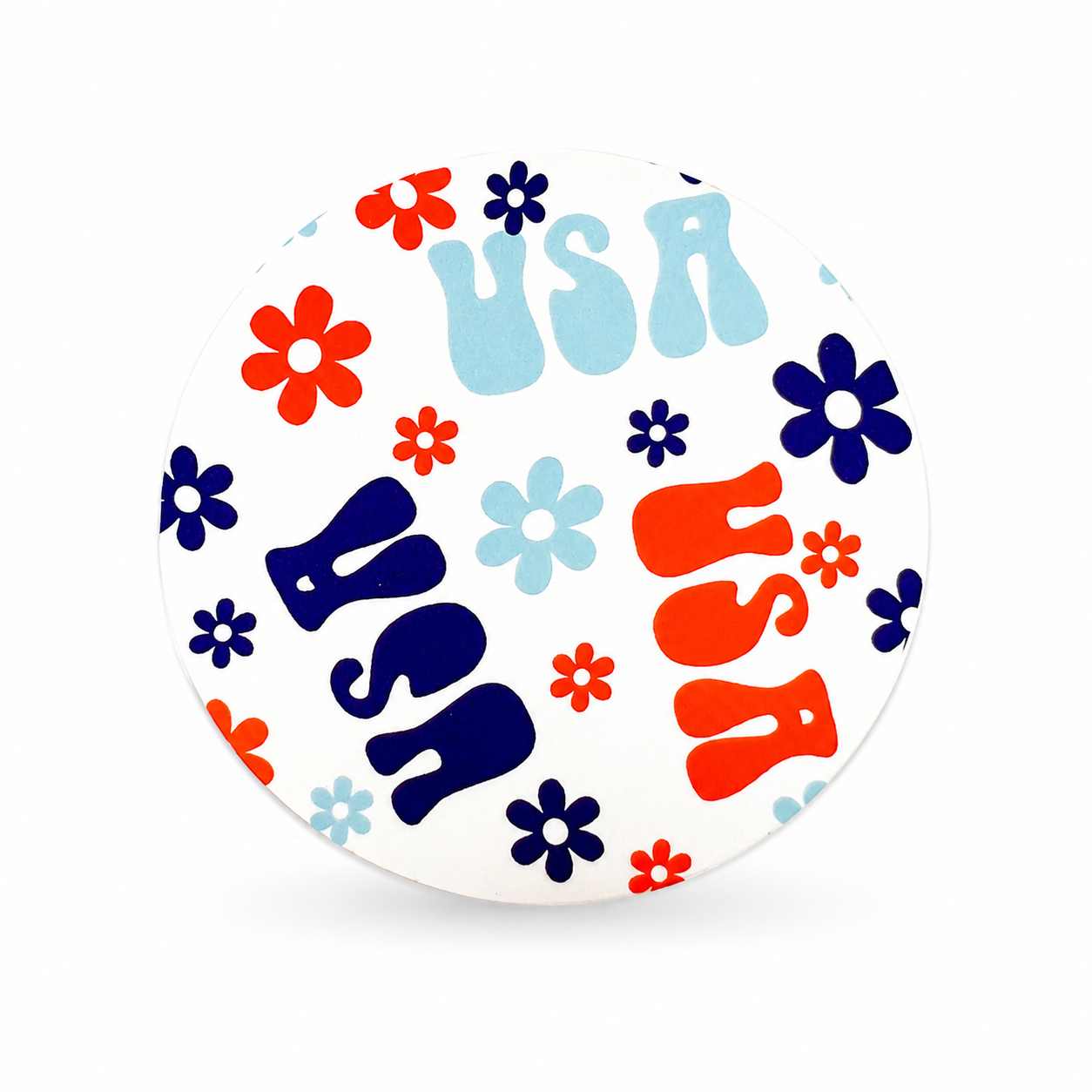 USA floral hard board add-on featuring red-orange, navy, and light blue USA lettering with retro flowers, compatible with interchangeable badge reel bases.
