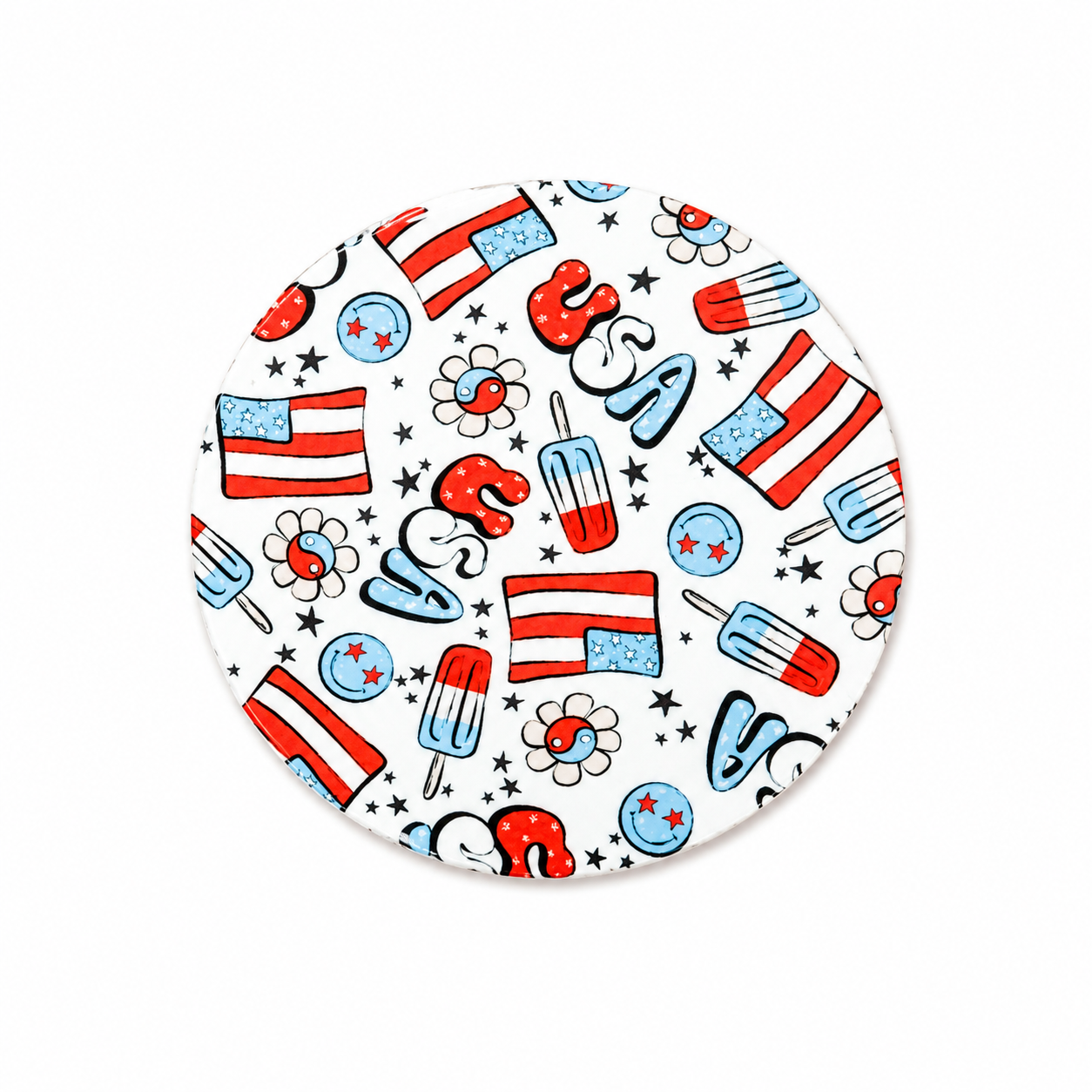 USA patriotic hard board add-on featuring red, white, and blue flags, USA lettering, rocket popsicles, stars, and flowers, compatible with interchangeable badge reel bases.