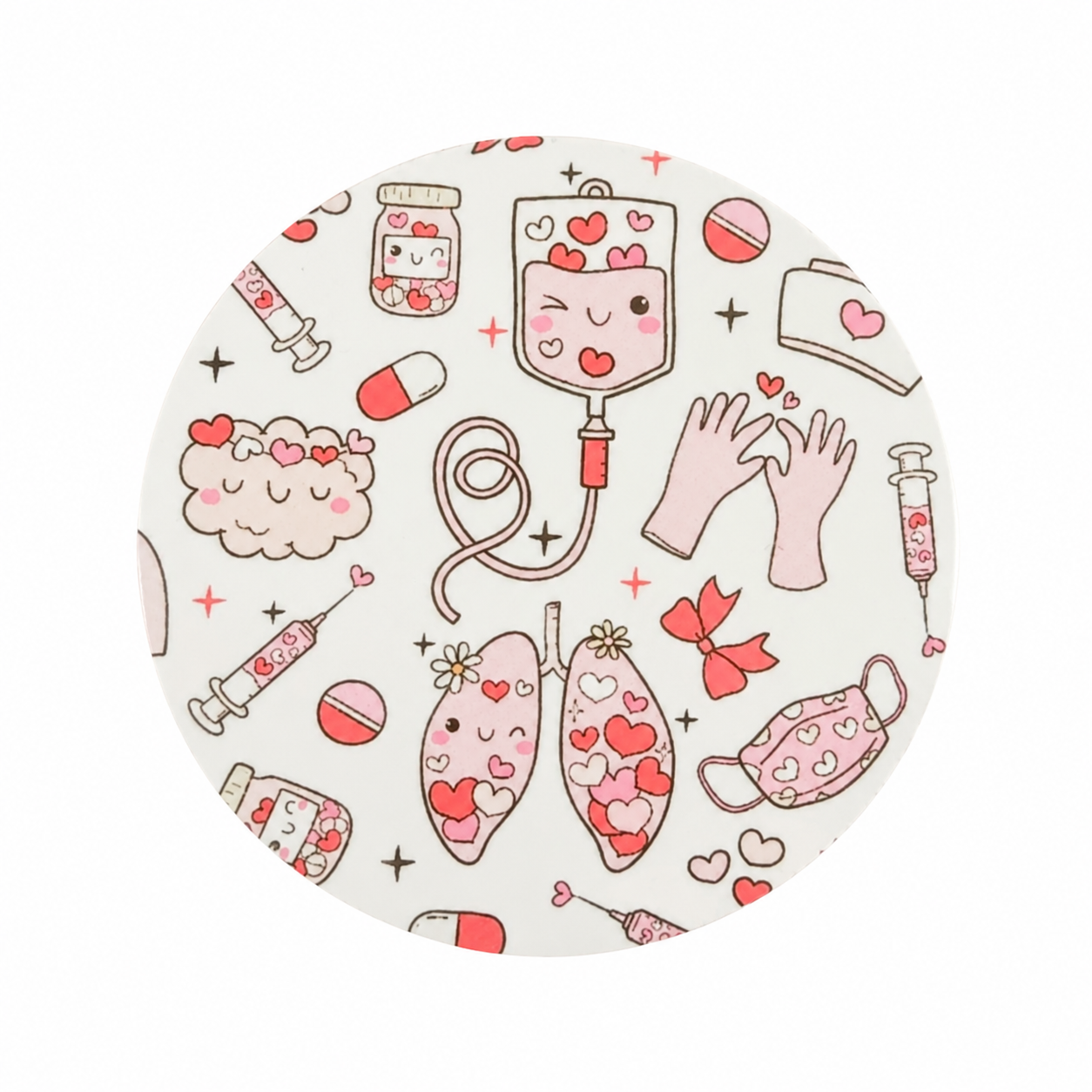 Valentine nurse hard board add-on featuring IV bags, syringes, gloves, lungs, pills, a face mask, and hearts, compatible with interchangeable badge reel bases.