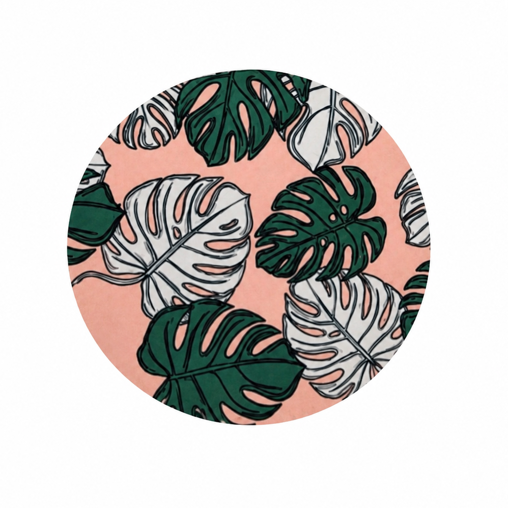 Vibrant Monstera Leaf hard board add-on featuring layered green monstera leaves on a blush pink background, compatible with interchangeable badge reel bases.