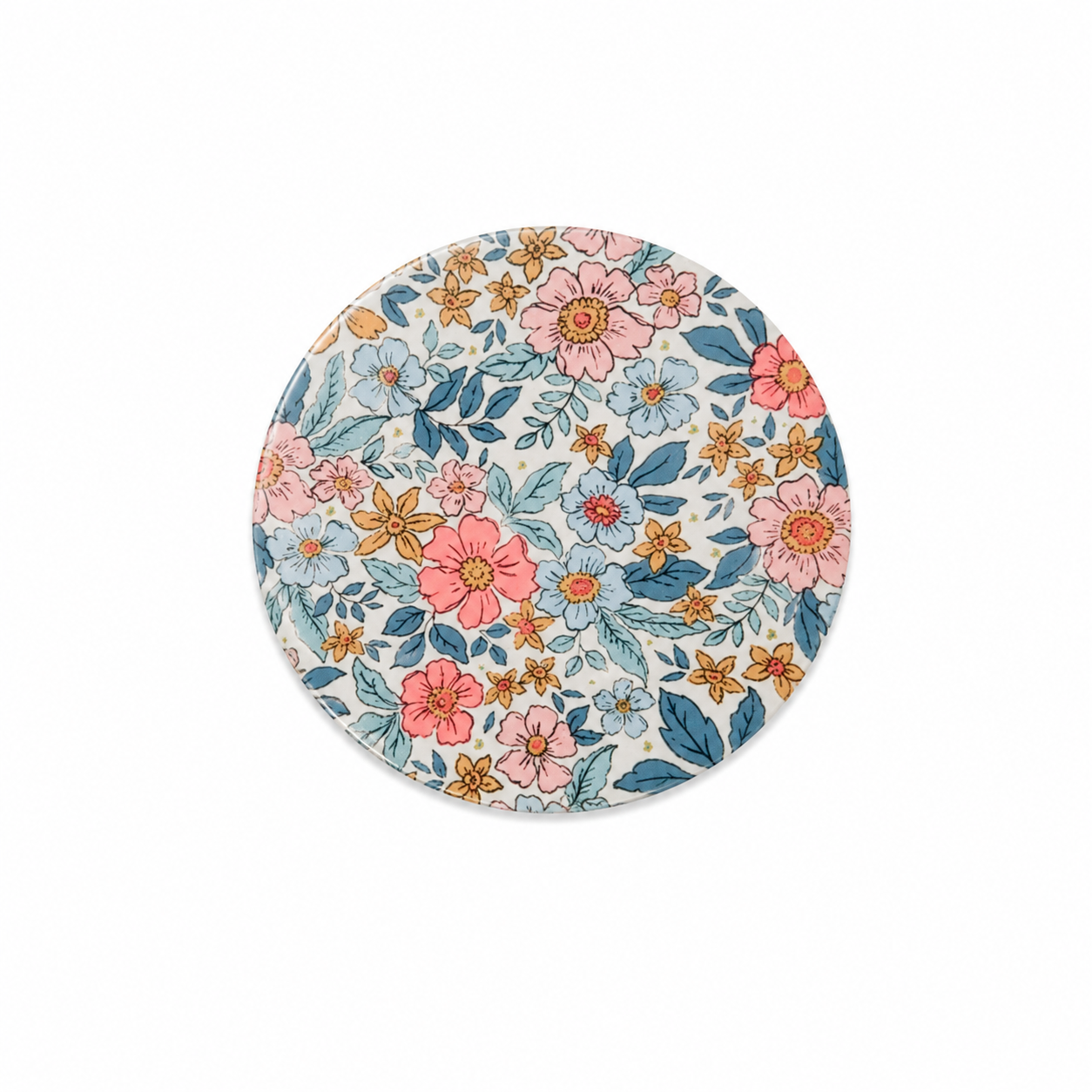 Vintage Floral Garden hard board add-on featuring pink, blue, coral, and golden flowers with botanical leaves, compatible with interchangeable badge reel bases.