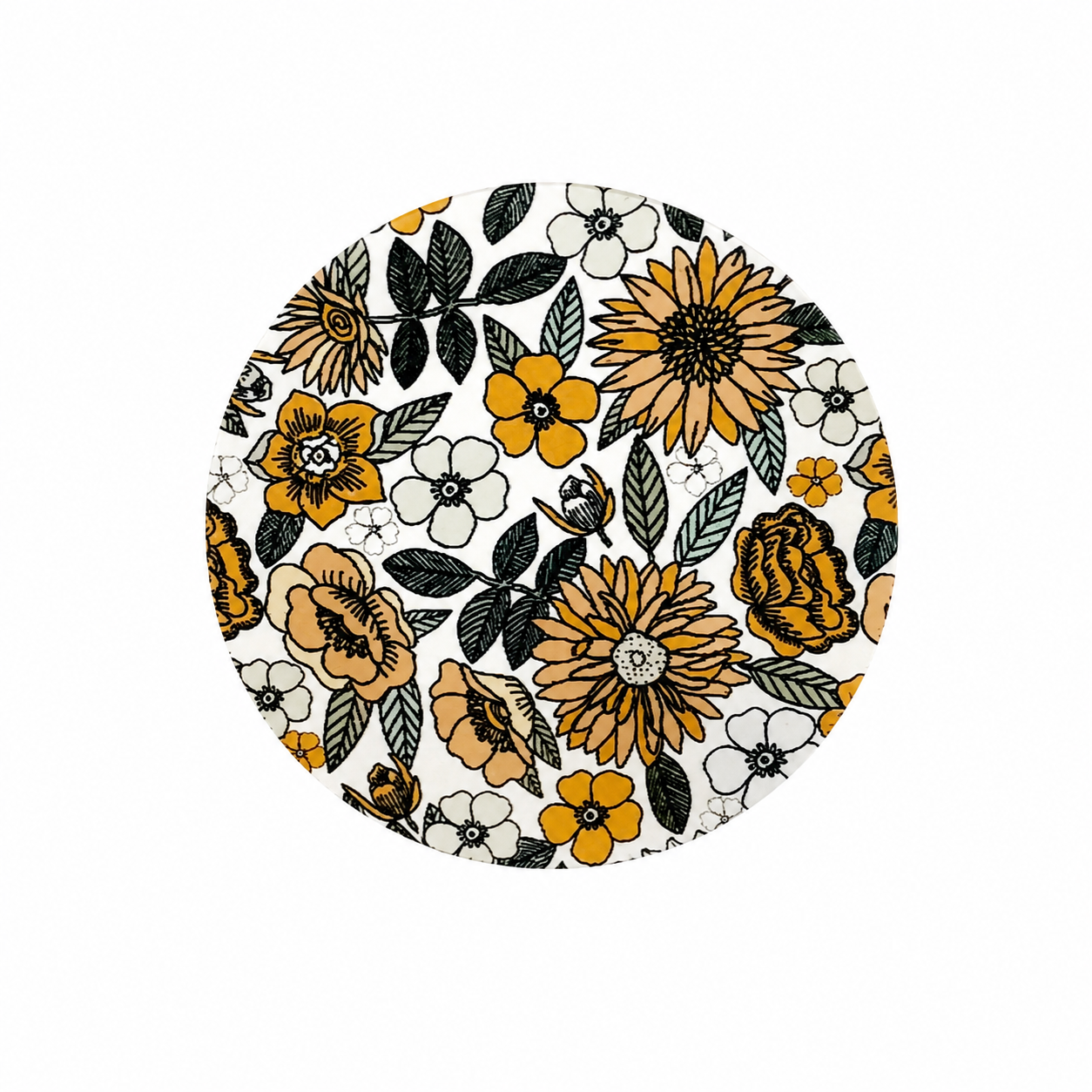 Retro floral hard board add-on with orange, peach, black, and white flowers, compatible with interchangeable badge reel bases for flower lovers.