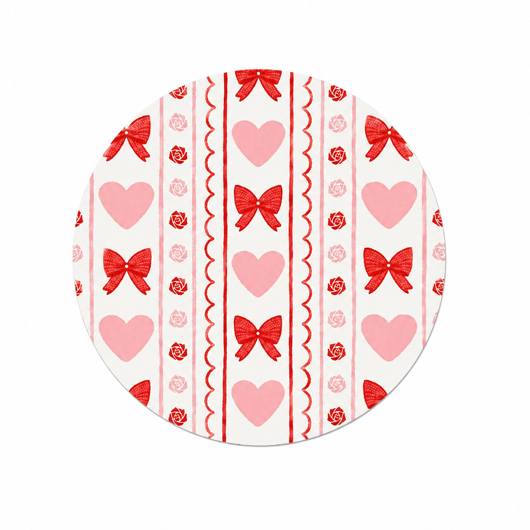 Red bow and heart hard board add-on featuring red bows, pink hearts, roses, and decorative stripes, compatible with interchangeable badge reel bases.