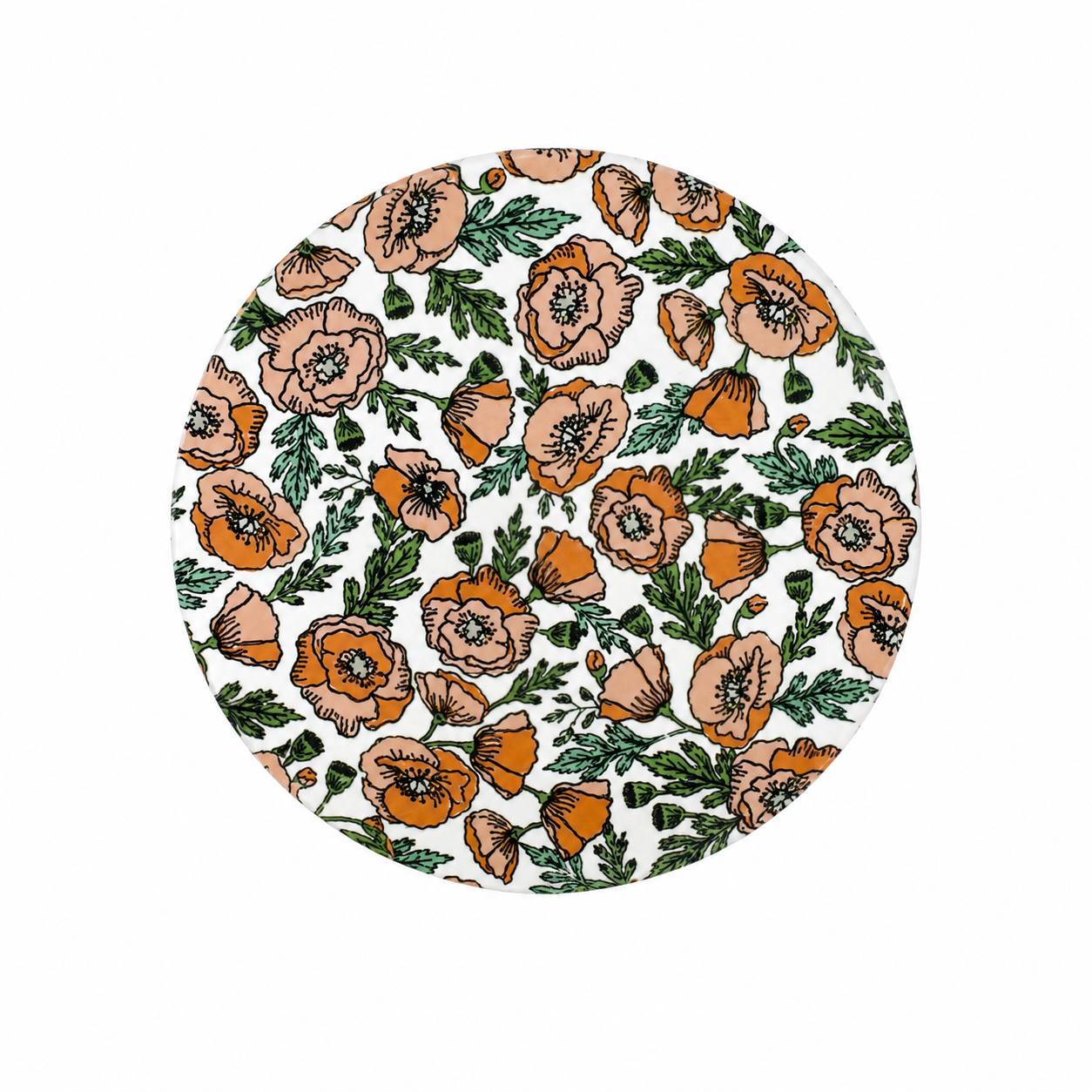 Vintage floral hard board add-on featuring peach, tan, and burnt orange flowers with green leaves, compatible with interchangeable badge reel bases.