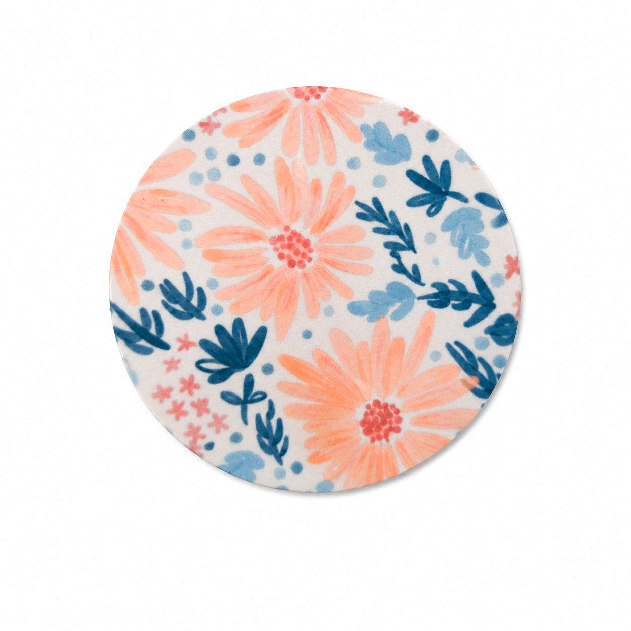 Pastel wildflower hard board add-on featuring peach watercolor flowers and blue botanical leaves. Compatible with interchangeable badge reel bases and ideal as a floral badge topper.