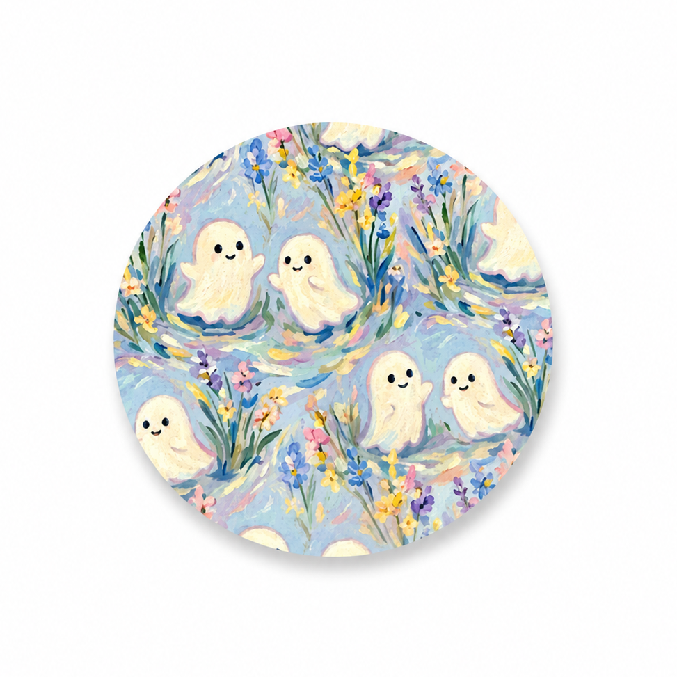 Hard board add-on featuring smiling pastel ghosts surrounded by colorful wildflowers in a watercolor garden, compatible with interchangeable badge reel bases and perfect for spooky cute Halloween lovers.