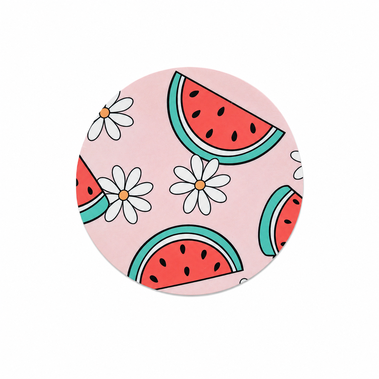 Watermelon daisy hard board add-on featuring red fruit slices, teal rinds, and white flowers on pink, compatible with interchangeable badge reel bases.