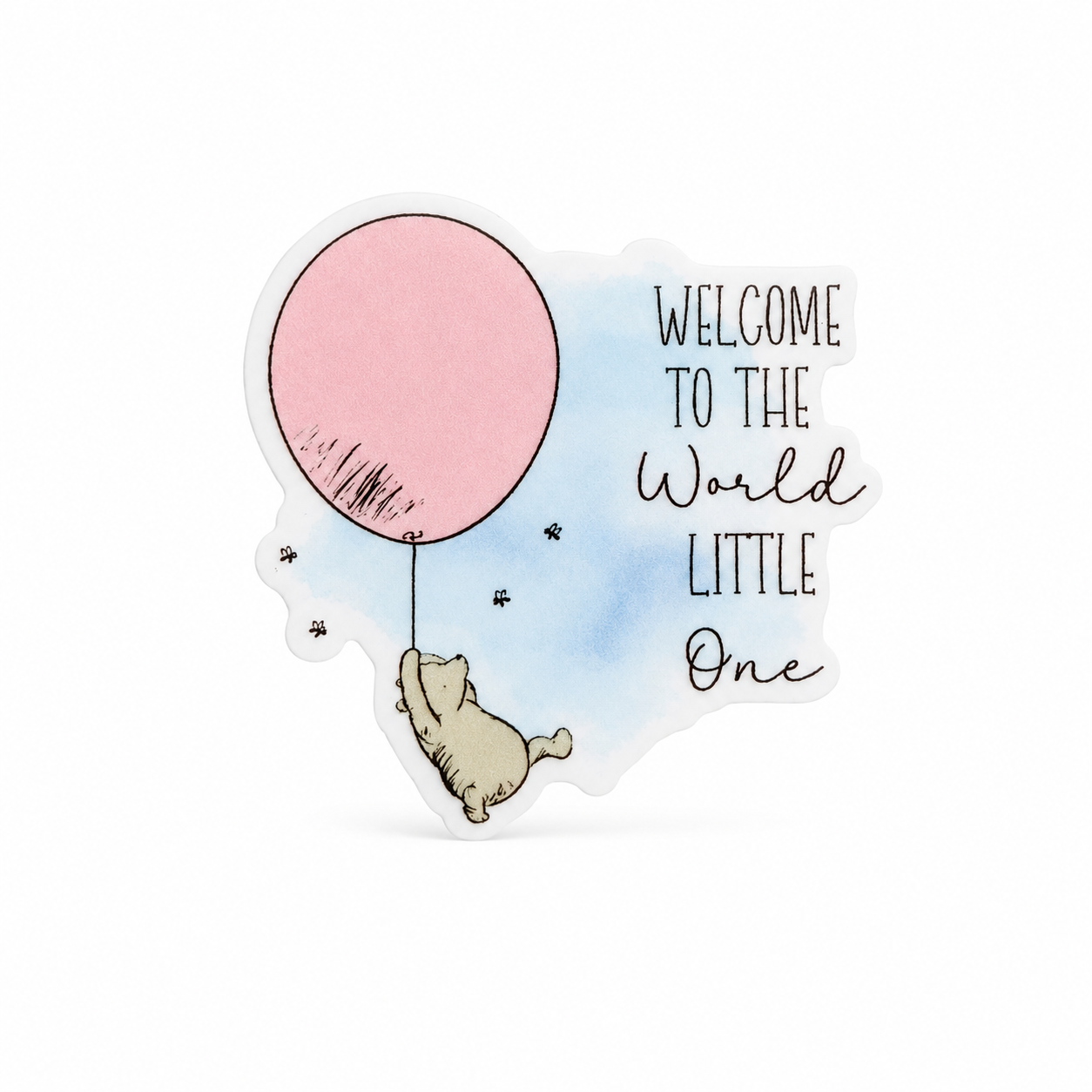 Welcome to the World Little One plastic add-on with a storybook bear and pink balloon, a labor and delivery nurse accessory compatible with interchangeable badge reel bases