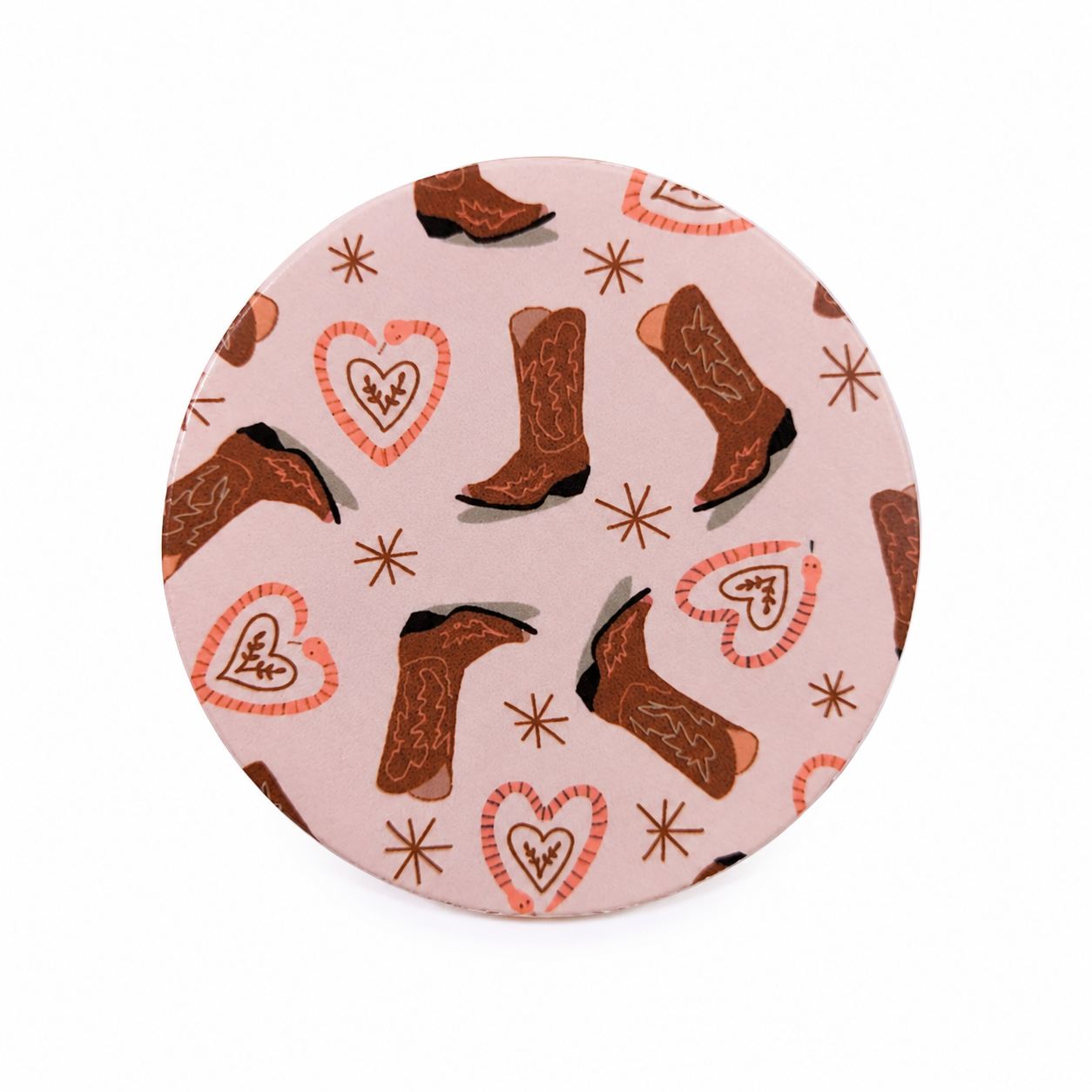 Western cowgirl hard board add-on with brown cowboy boots, pink hearts and starbursts, compatible with interchangeable badge reel bases for country style lovers.
