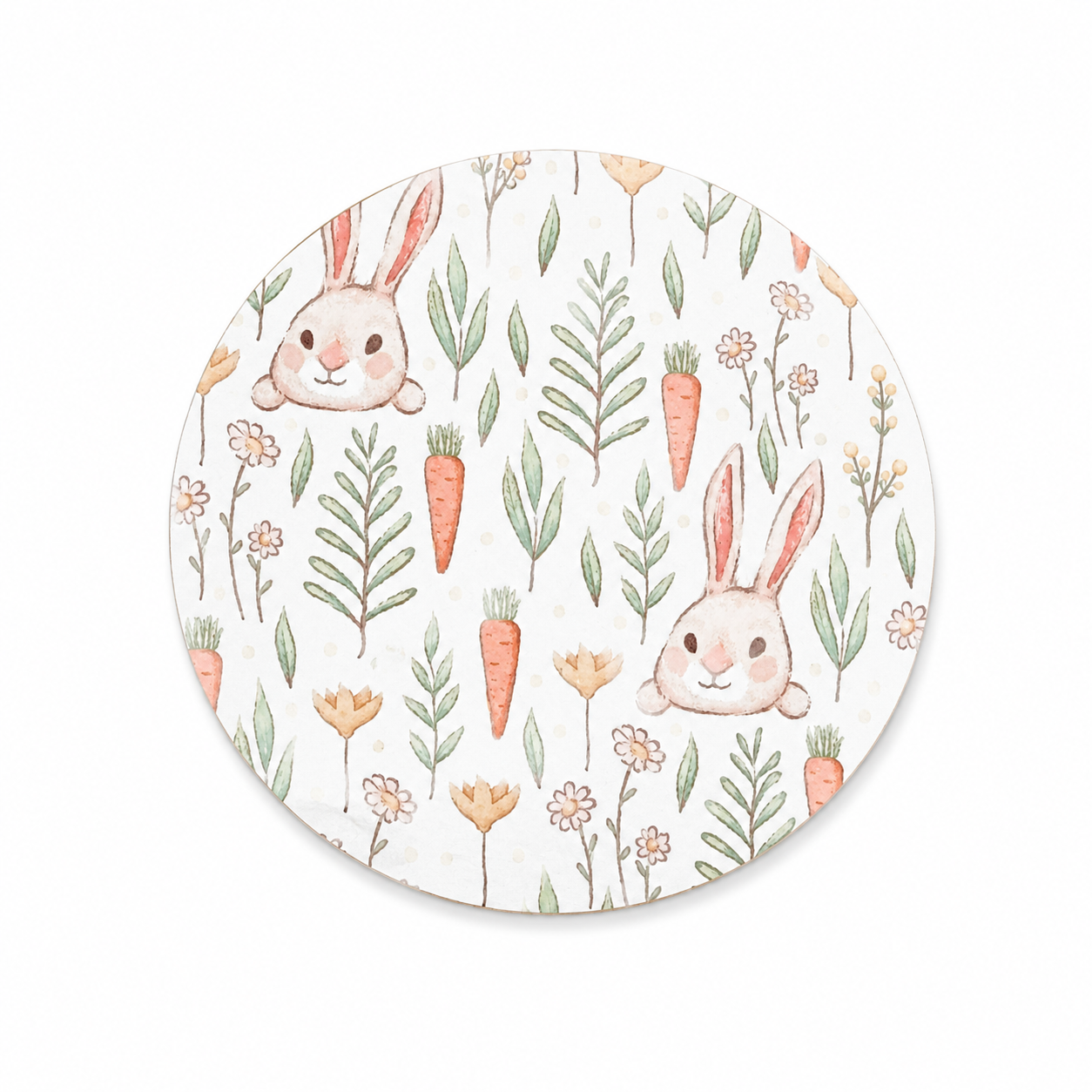 Watercolor bunny and carrot hard board add-on featuring pastel rabbits, carrots, leaves, and flowers, compatible with interchangeable badge reel bases for bunny lovers and cottage core fans.