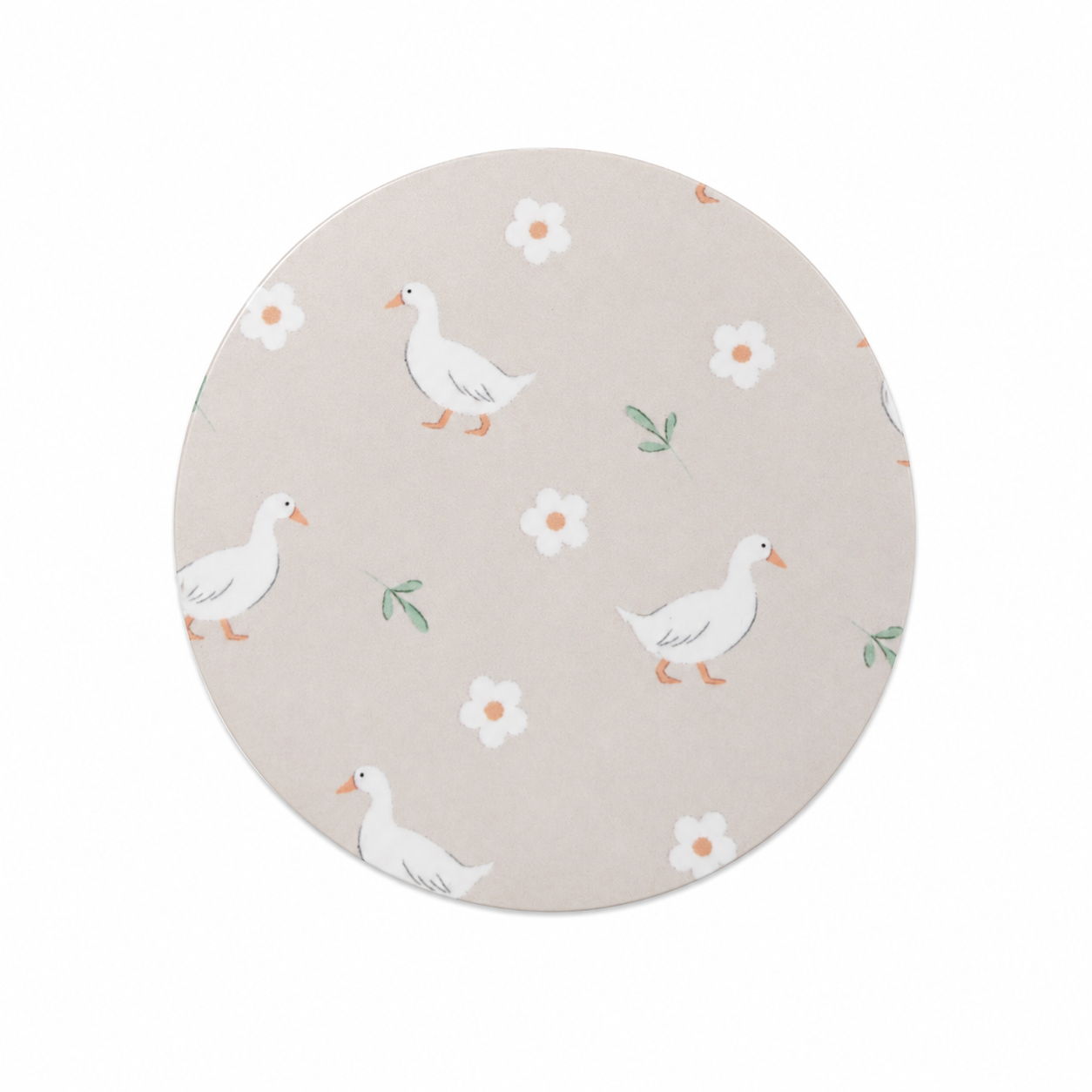 Cute goose floral hard board add-on featuring white geese, tiny flowers, and green sprigs on a neutral background, compatible with interchangeable badge reel bases.