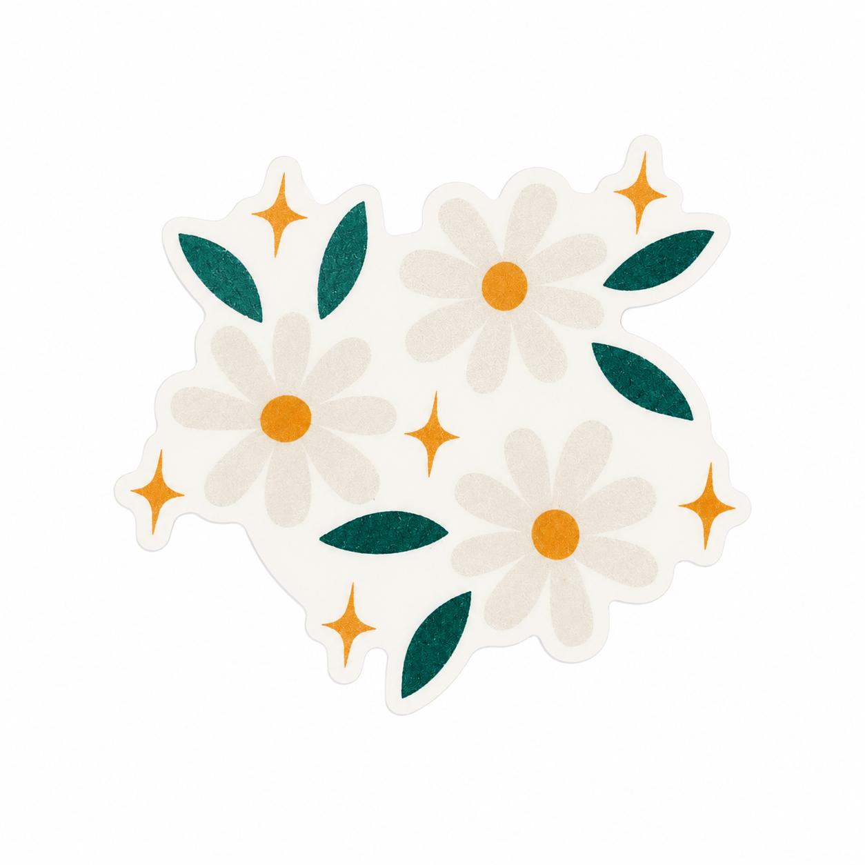 Daisy floral plastic add-on featuring white daisies, green leaves, and golden star accents, compatible with interchangeable badge reel bases.