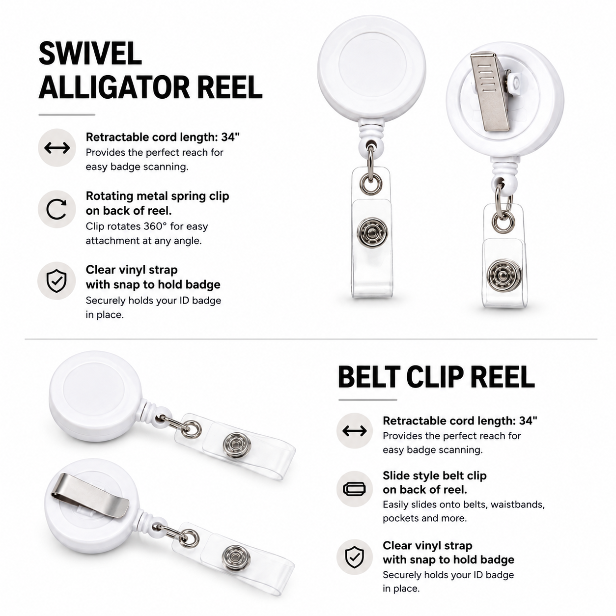 Belt Clip Badge Reel Round Retractable Badge Reel With Reinforced Vinyl Strap, Belt Clip(34