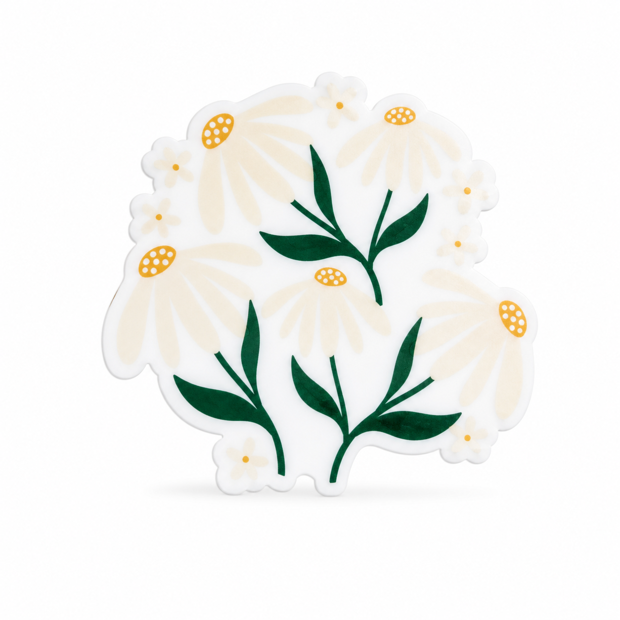 Wilted daisy plastic add-on with white flowers, golden yellow centers, and green leaves, compatible with interchangeable badge reel bases.