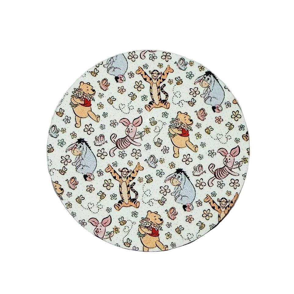 Winnie the Pooh Friends hard board add-on featuring Winnie the Pooh, Piglet, Tigger, Eeyore, bees, and flowers, compatible with interchangeable badge reel bases.