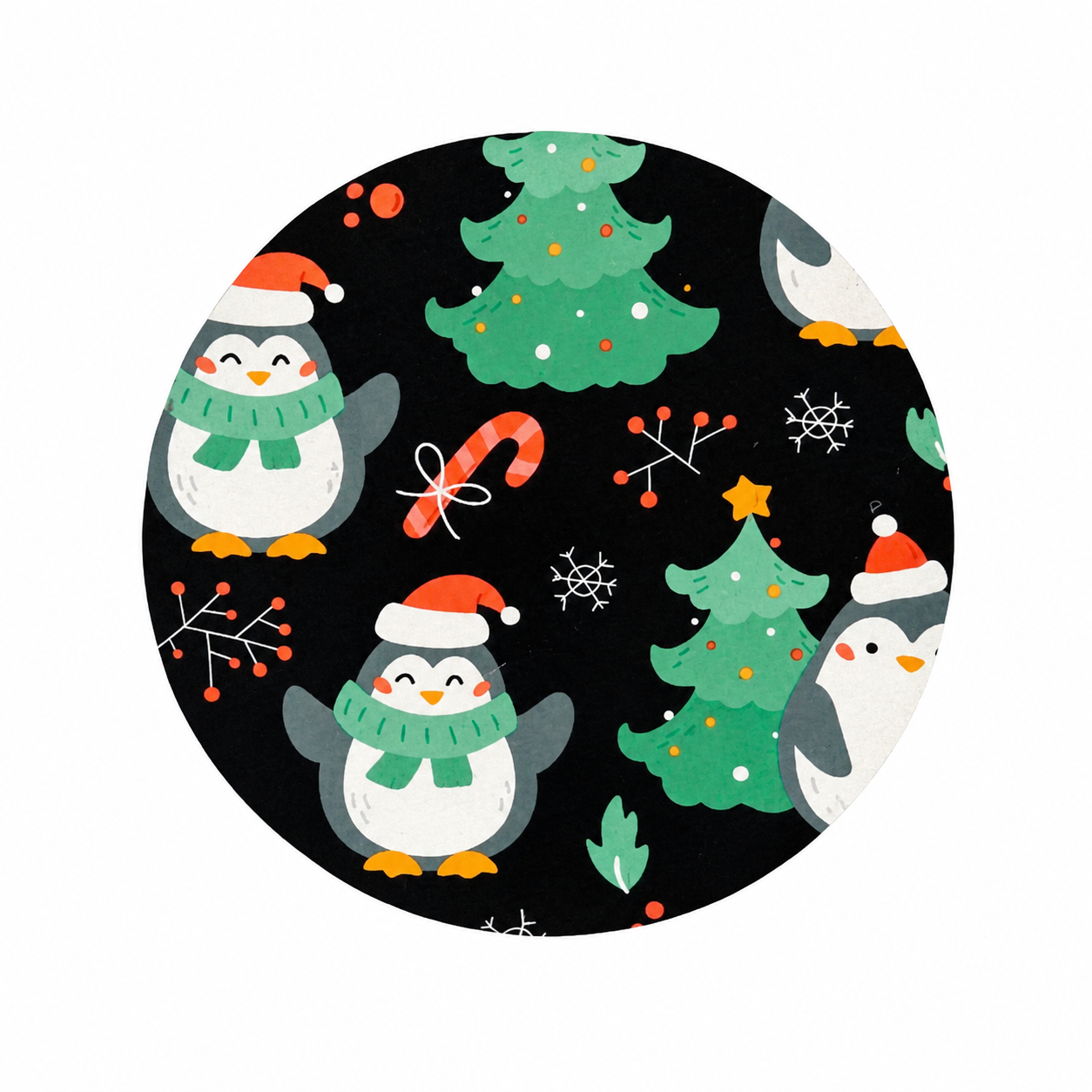 Christmas Penguins hard board add-on featuring penguins in Santa hats and scarves with Christmas trees, candy canes, and snowflakes on a black background, compatible with interchangeable badge reel bases.