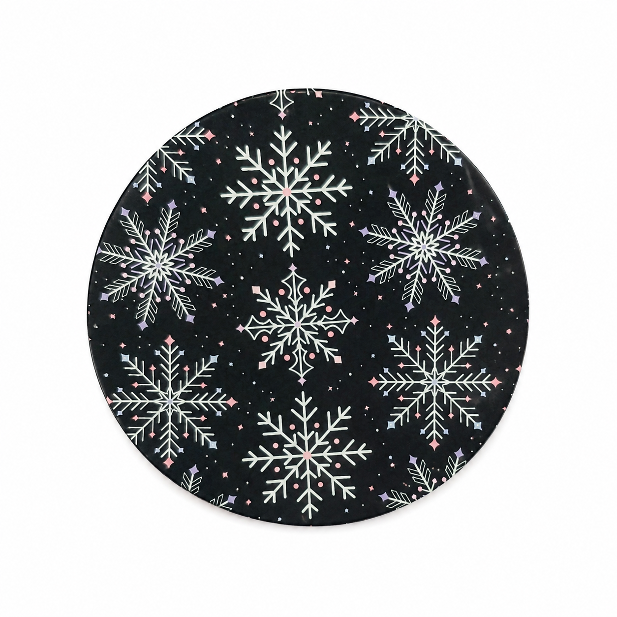 Winter snowflake hard board add-on featuring white and icy blue snowflakes with pink accents on navy, compatible with interchangeable badge reel bases.
