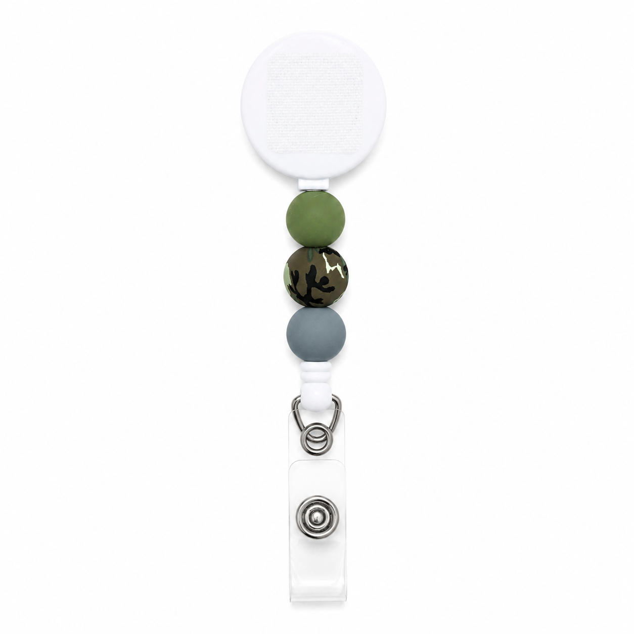 Woodland camo interchangeable badge reel featuring olive green and gray silicone beads with a camouflage printed focal bead on a retractable badge reel.