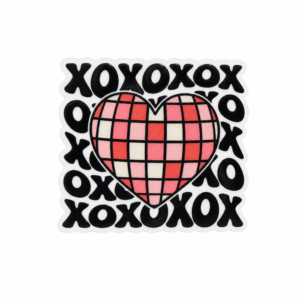 XOXO heart plastic add-on with pink and red checkerboard heart and black XOXO lettering, compatible with interchangeable badge reel bases.