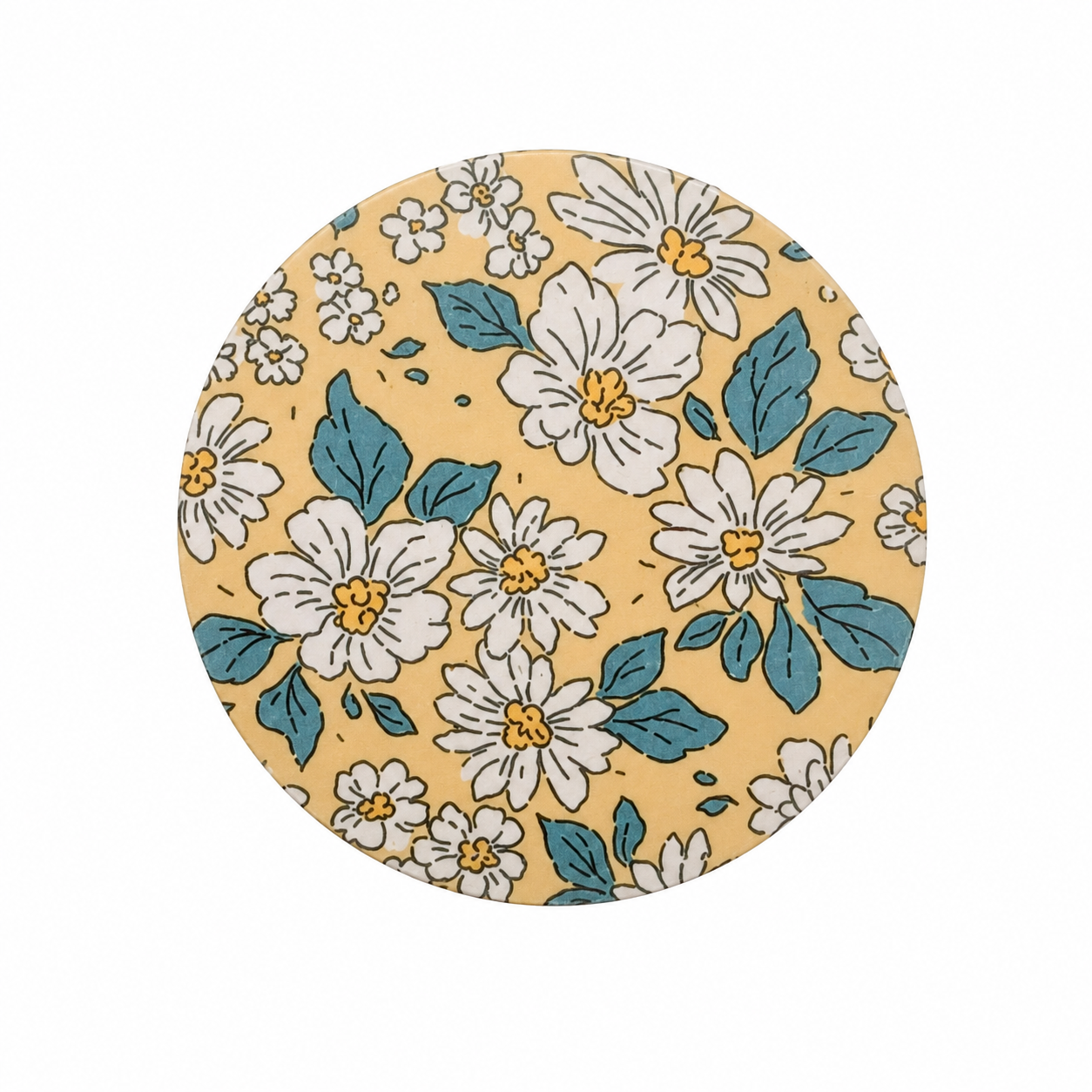 Yellow Floral hard board add-on featuring white daisy flowers and blue leaves, compatible with interchangeable badge reel bases. Vintage botanical badge topper.