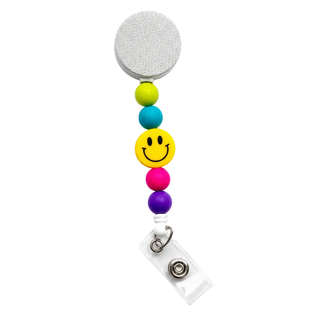 Yellow Smiley Face badge reel featuring a cheerful yellow happy face design with lime green, turquoise blue, hot pink, and purple decorative beads, retractable badge reel functionality, and secure badge holder attachment.