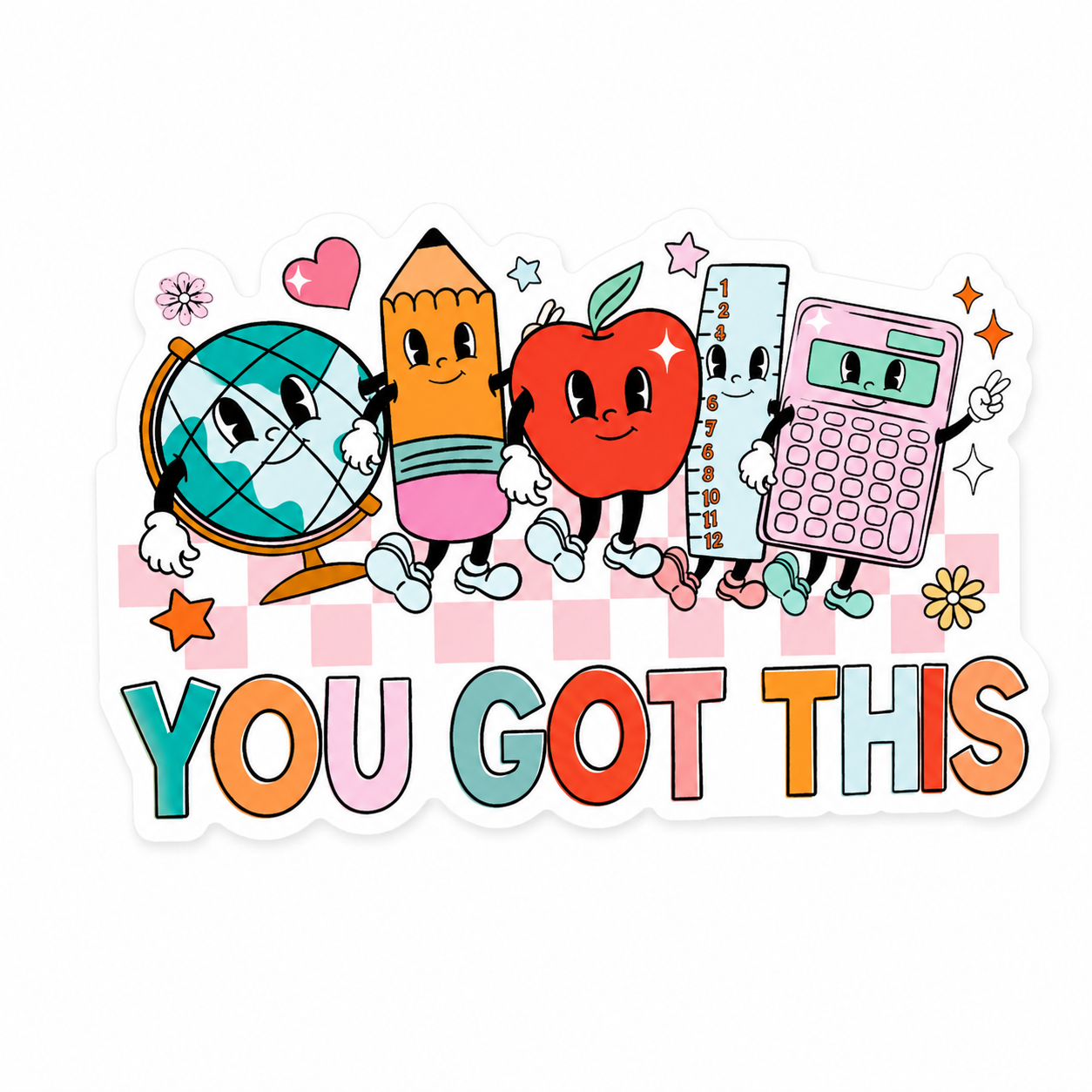 YOU GOT THIS plastic add-on with school supplies, globe, apple, pencil, ruler, and calculator, compatible with interchangeable badge reel bases.