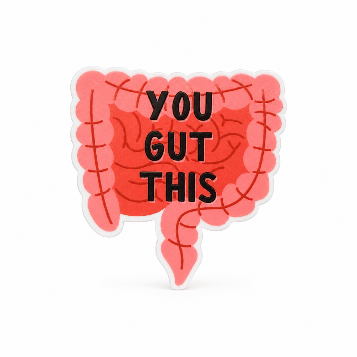 YOU GUT THIS gastroenterology plastic add-on with a coral cartoon intestine and bold black text, compatible with interchangeable badge reel bases for GI nurses.
