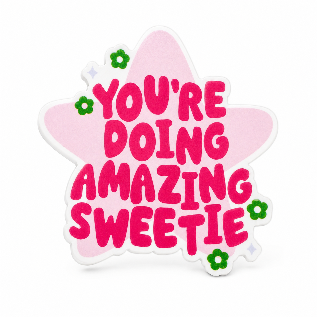You're Doing Amazing Sweetie plastic add-on featuring a pink star design with floral accents, compatible with interchangeable badge reel bases and perfect as a cute healthcare worker accessory