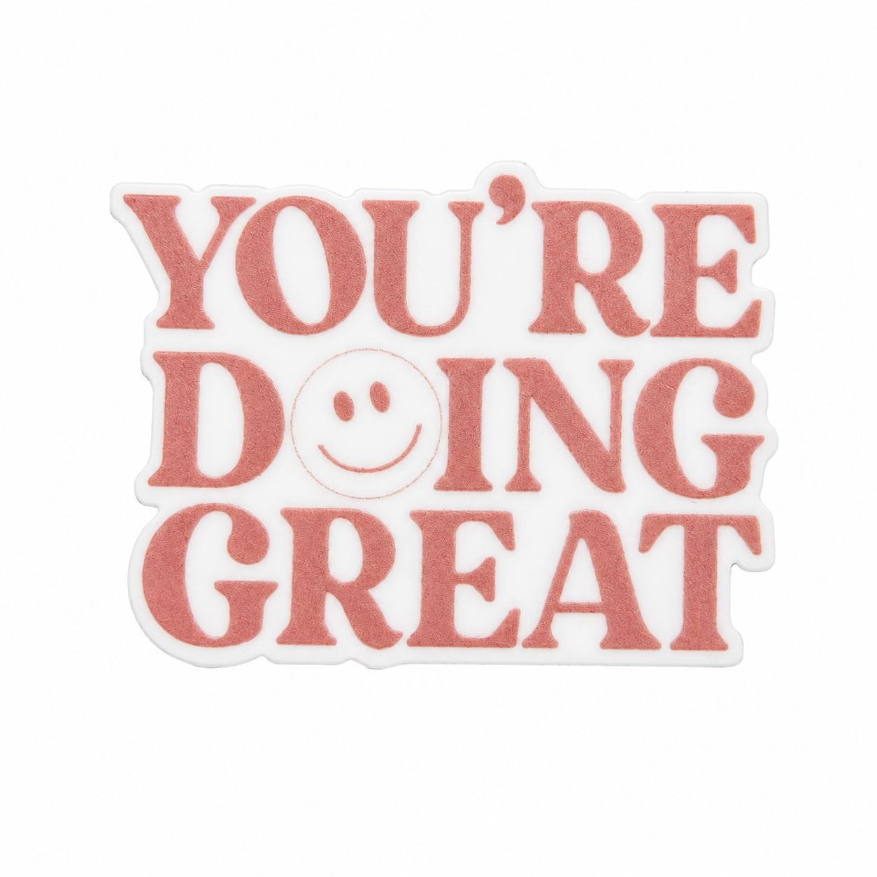 YOU'RE DOING GREAT plastic add-on with pink lettering and smiley face, compatible with interchangeable badge reel bases.