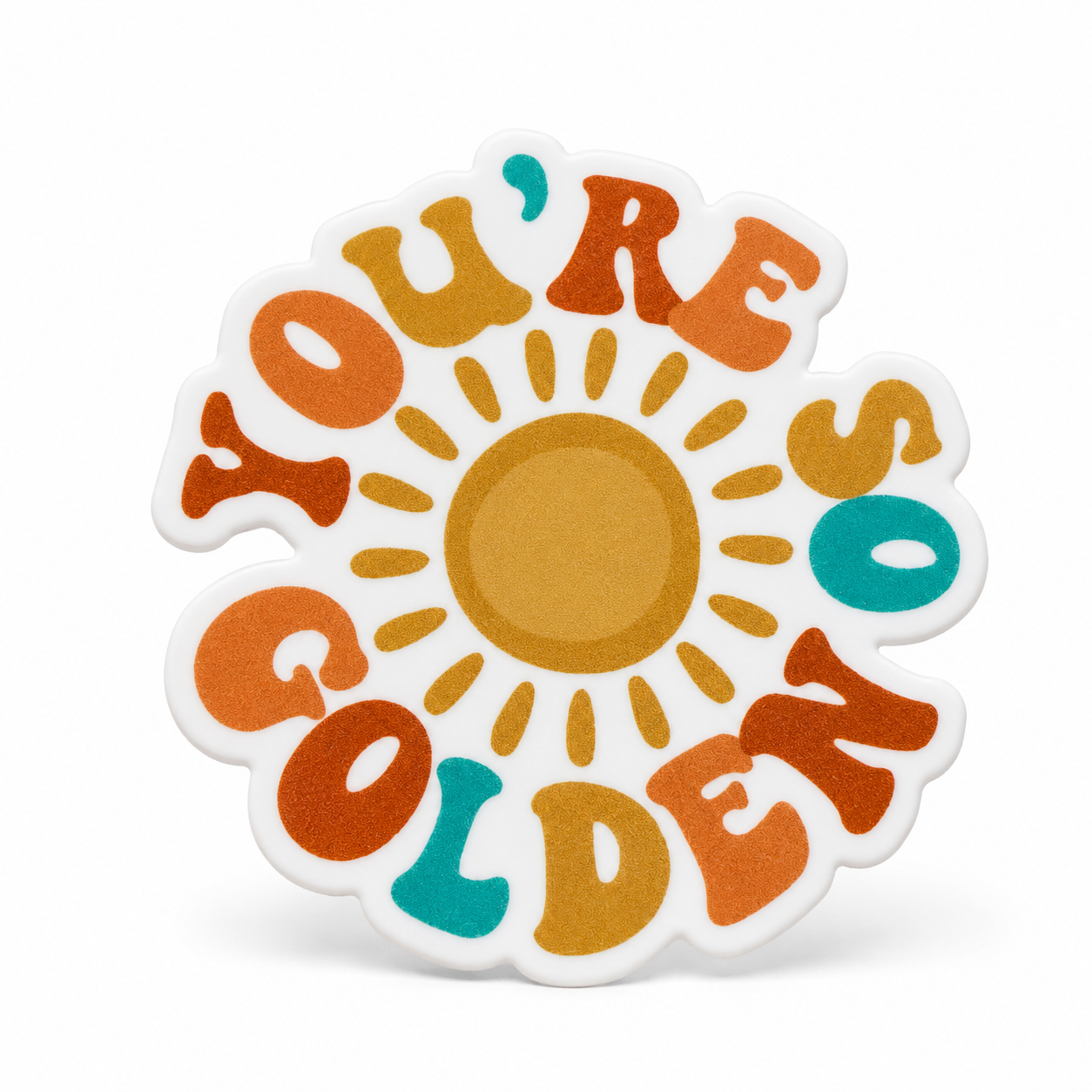 YOU'RE GOLDEN plastic add-on with a retro sunshine design, compatible with interchangeable badge reel bases for an inspirational accessory.