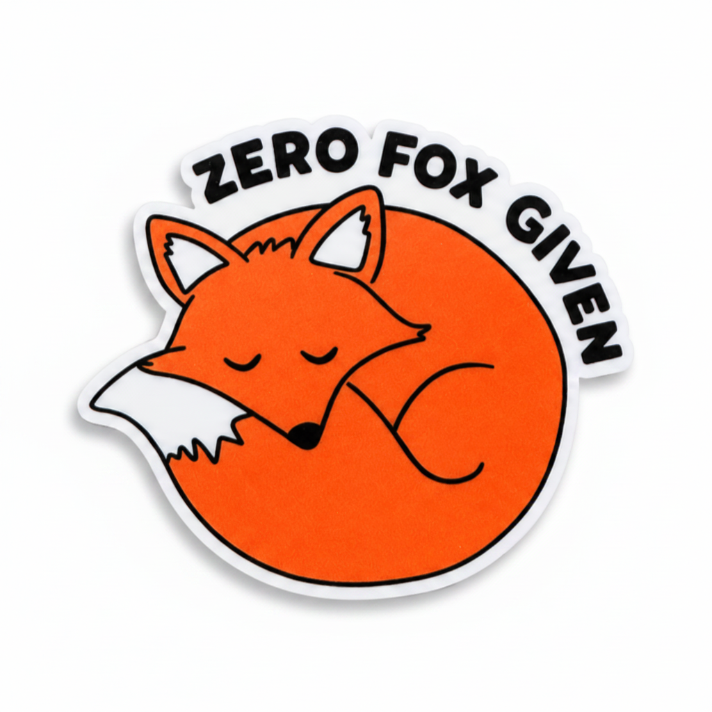 ZERO FOX GIVEN plastic add-on with orange sleeping fox design, compatible with interchangeable badge reel bases as a funny fox lover accessory.