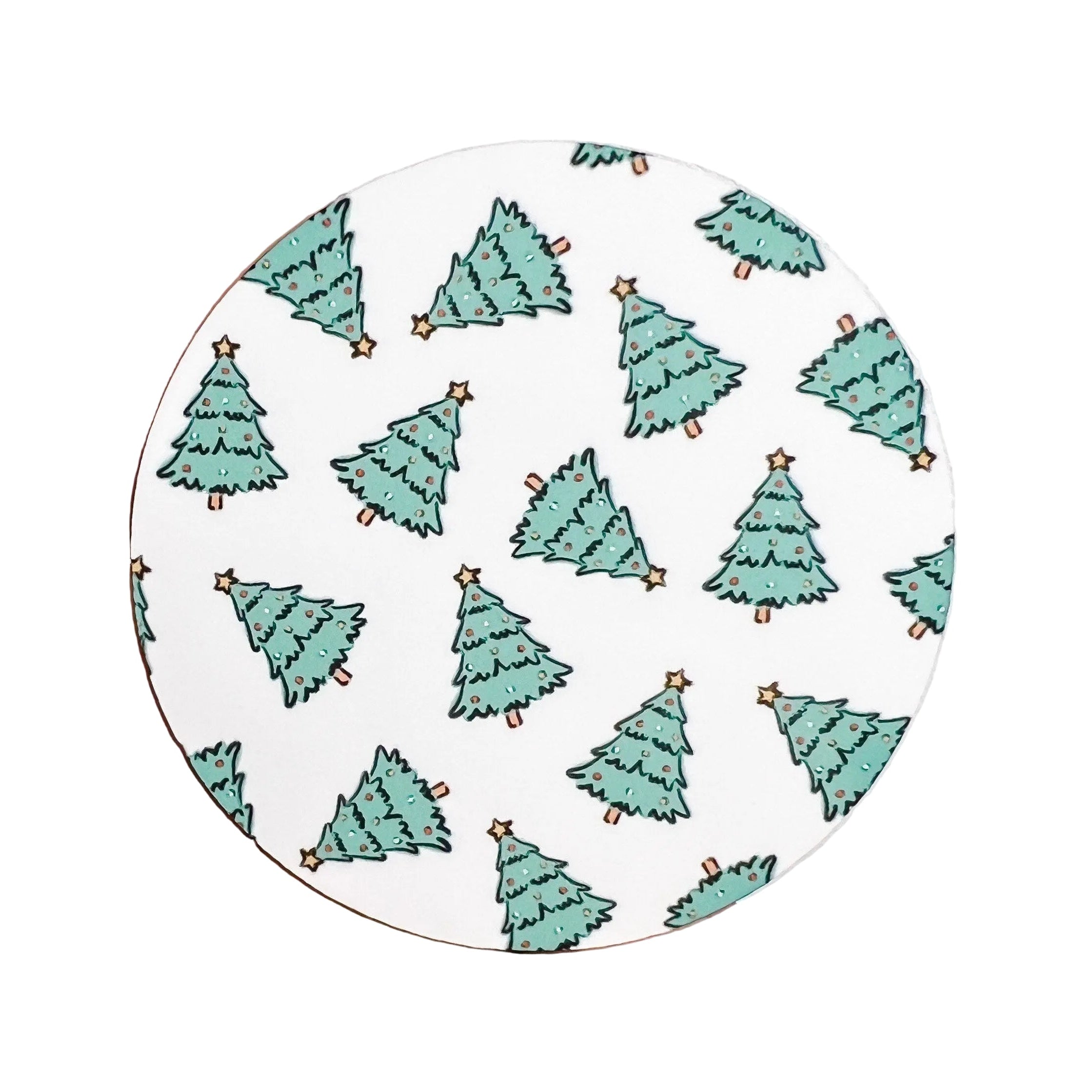 Christmas Tree Classic hard board add-on featuring a repeating pattern of illustrated Christmas trees, compatible with interchangeable badge reel bases for festive holiday wear.