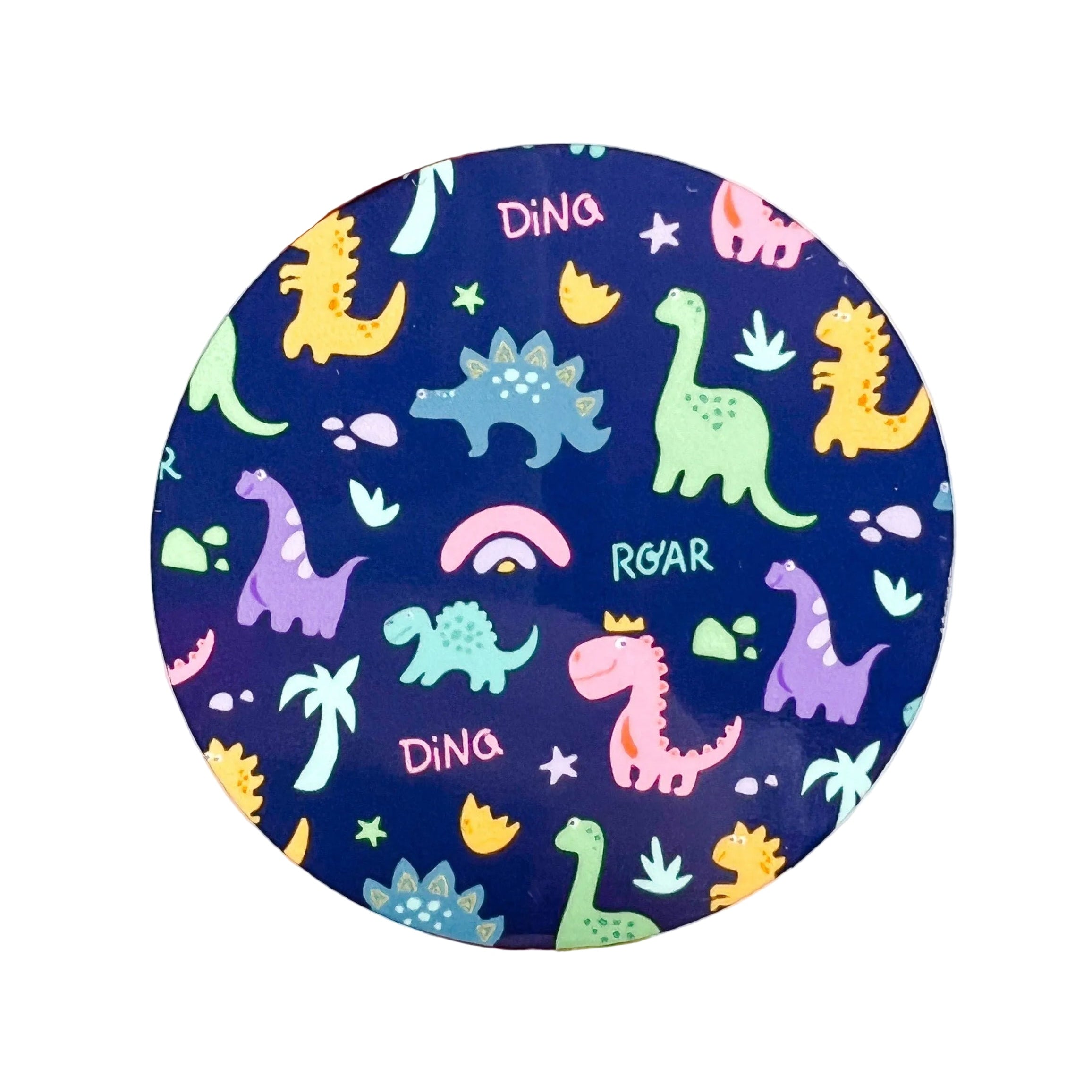 Hard board add-on featuring colorful dinosaurs, rainbows and playful prehistoric details, compatible with interchangeable badge reel bases for pediatric staff.