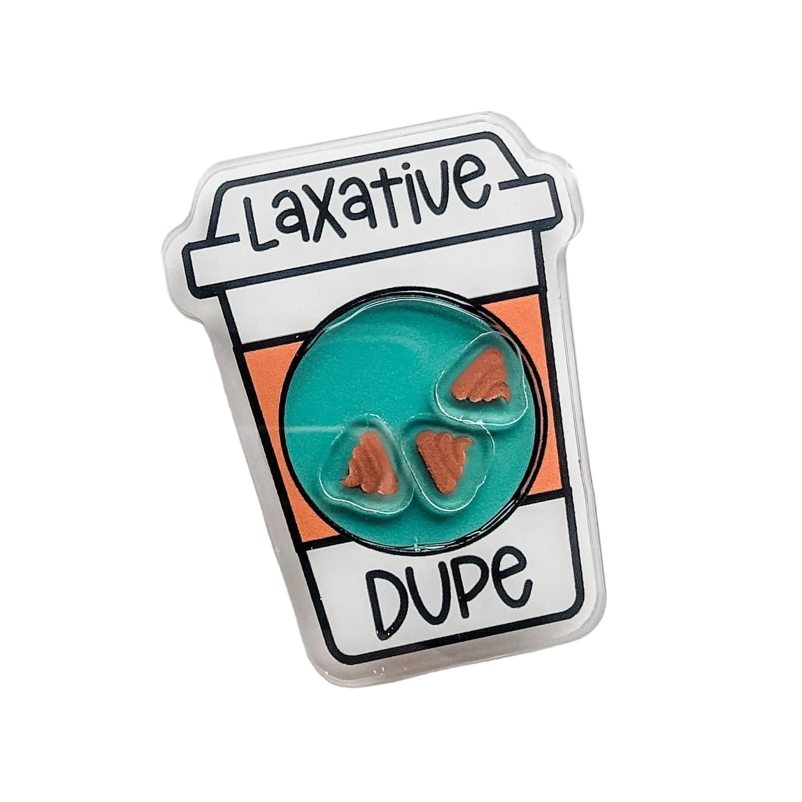 Laxative Dupe plastic add-on with laxative container, teal bowl, and poop-shaped pieces, compatible with interchangeable badge reel bases for a funny healthcare accessory.